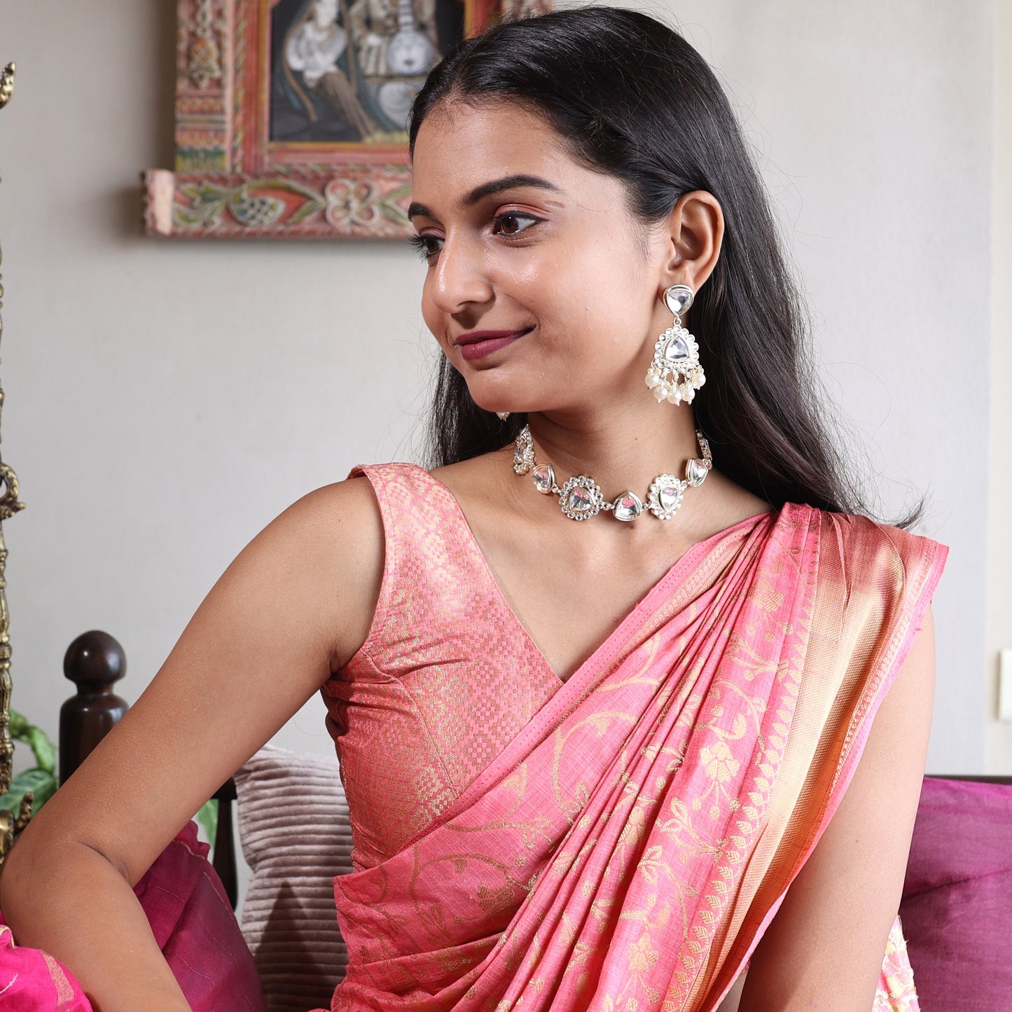 18K Gold Plated Nine Stone Kundan Semi Cultured White Pearl Choker with Maangtika.