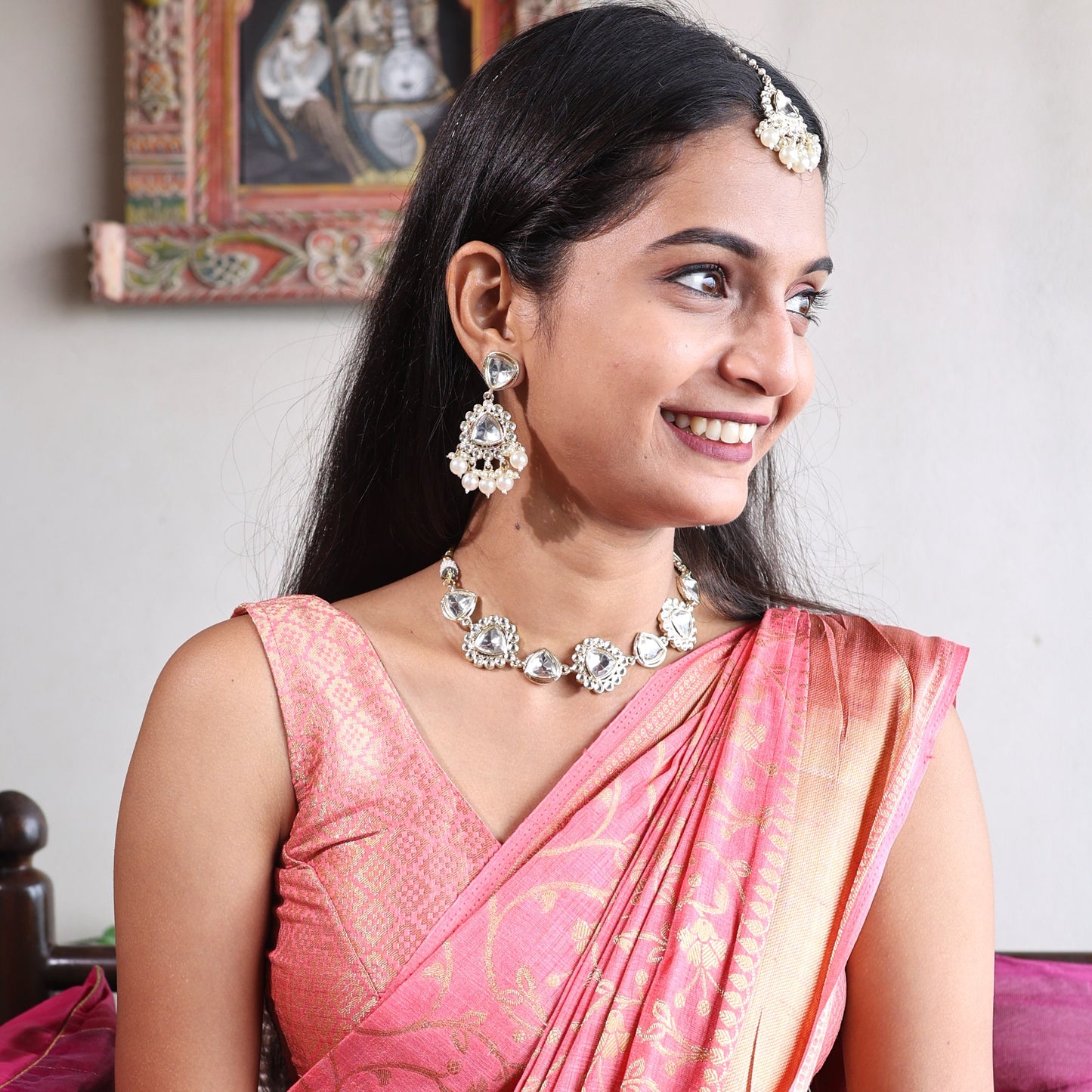 18K Gold Plated Nine Stone Kundan Semi Cultured White Pearl Choker with Maangtika.