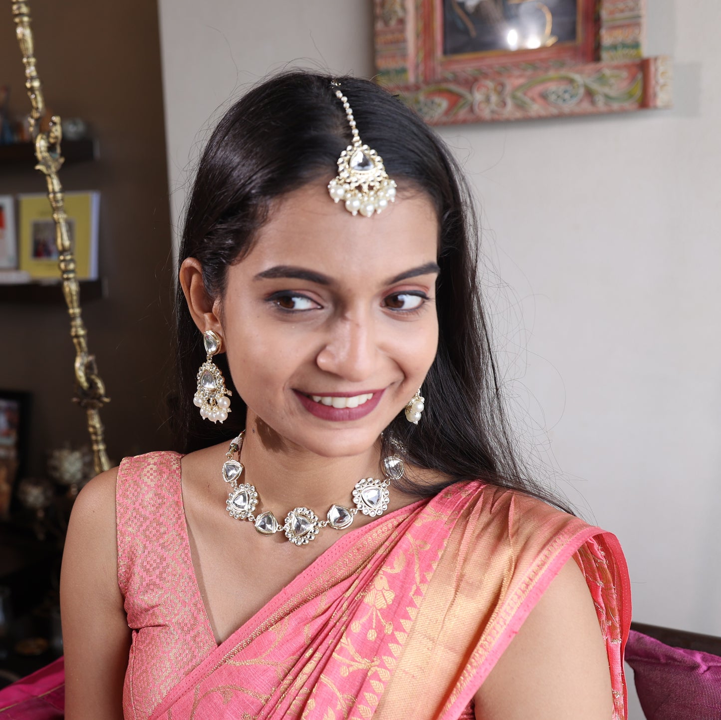 18K Gold Plated Nine Stone Kundan Semi Cultured White Pearl Choker with Maangtika.