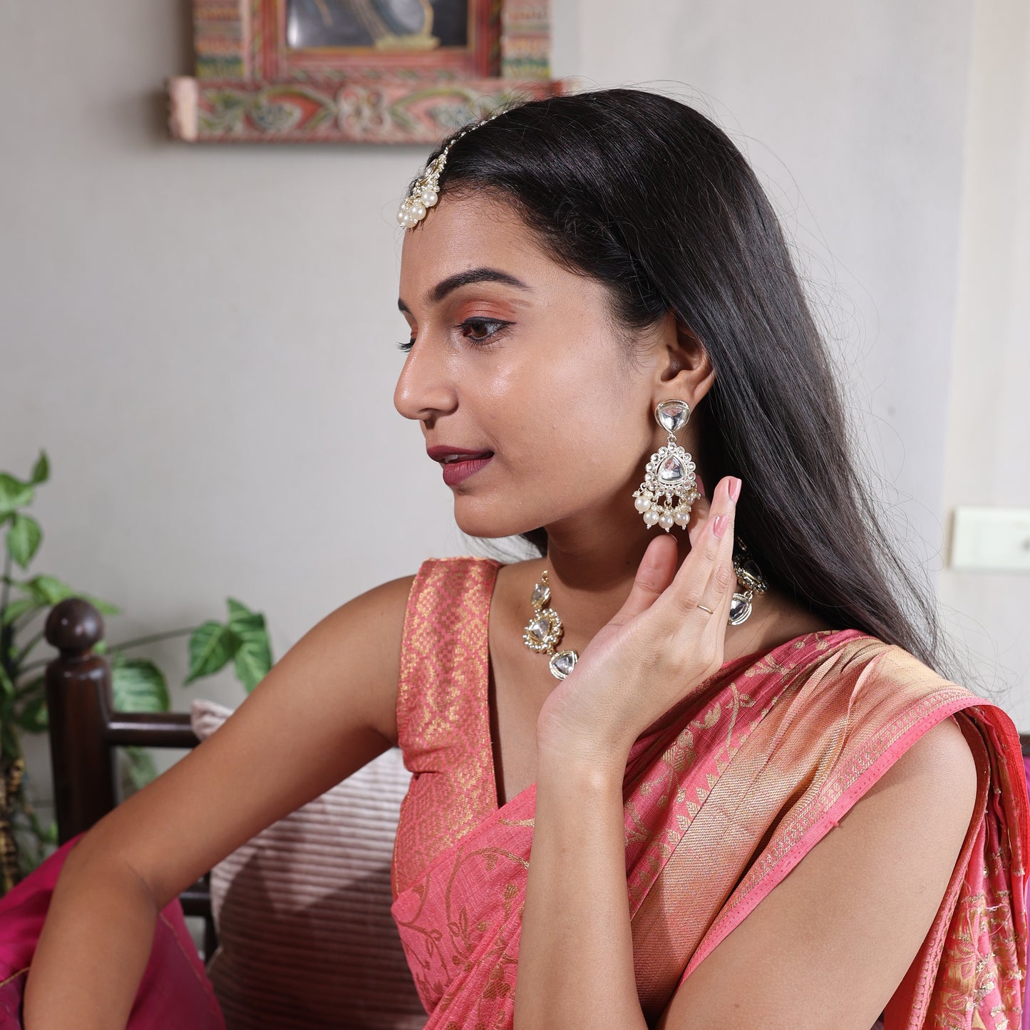 18K Gold Plated Nine Stone Kundan Semi Cultured White Pearl Choker with Maangtika.