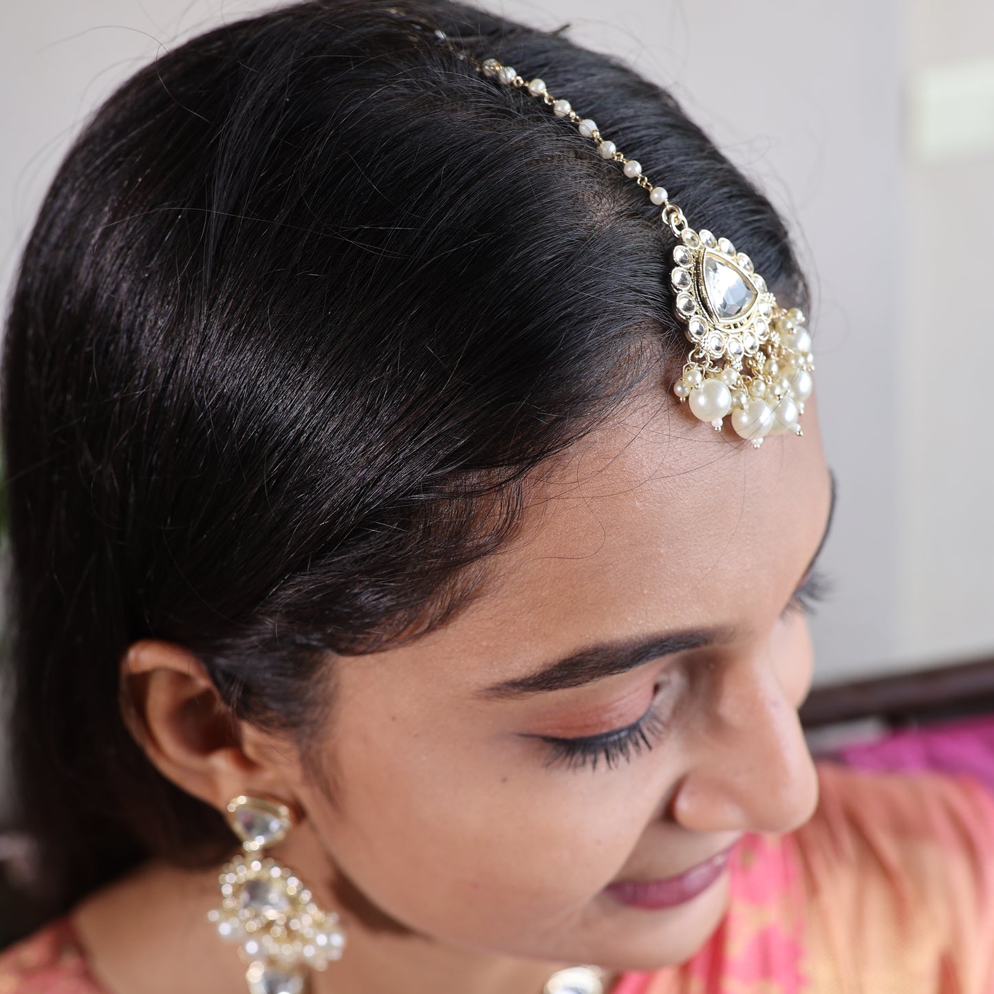 18K Gold Plated Nine Stone Kundan Semi Cultured White Pearl Choker with Maangtika.