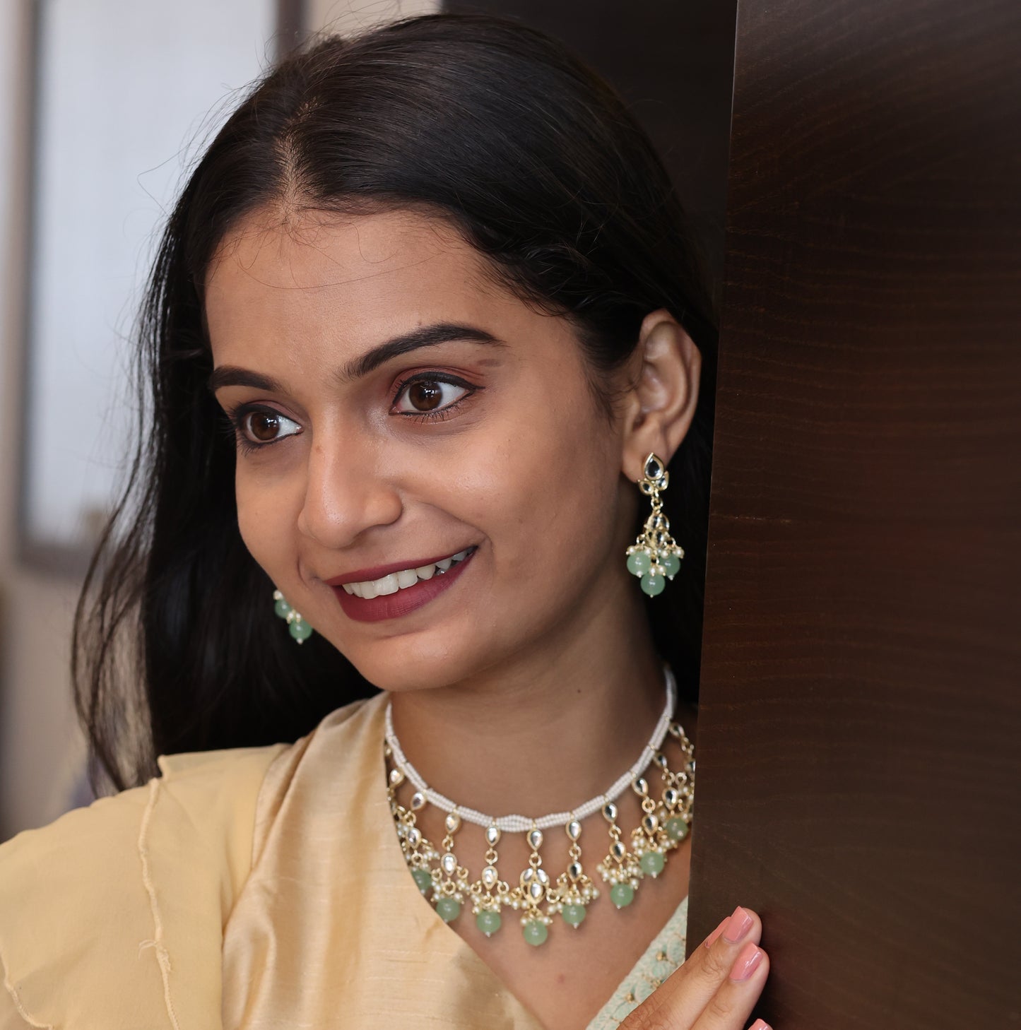 Bdiva 18K Gold Plated Monalisa Green Beads Kundan Pearl Choker.