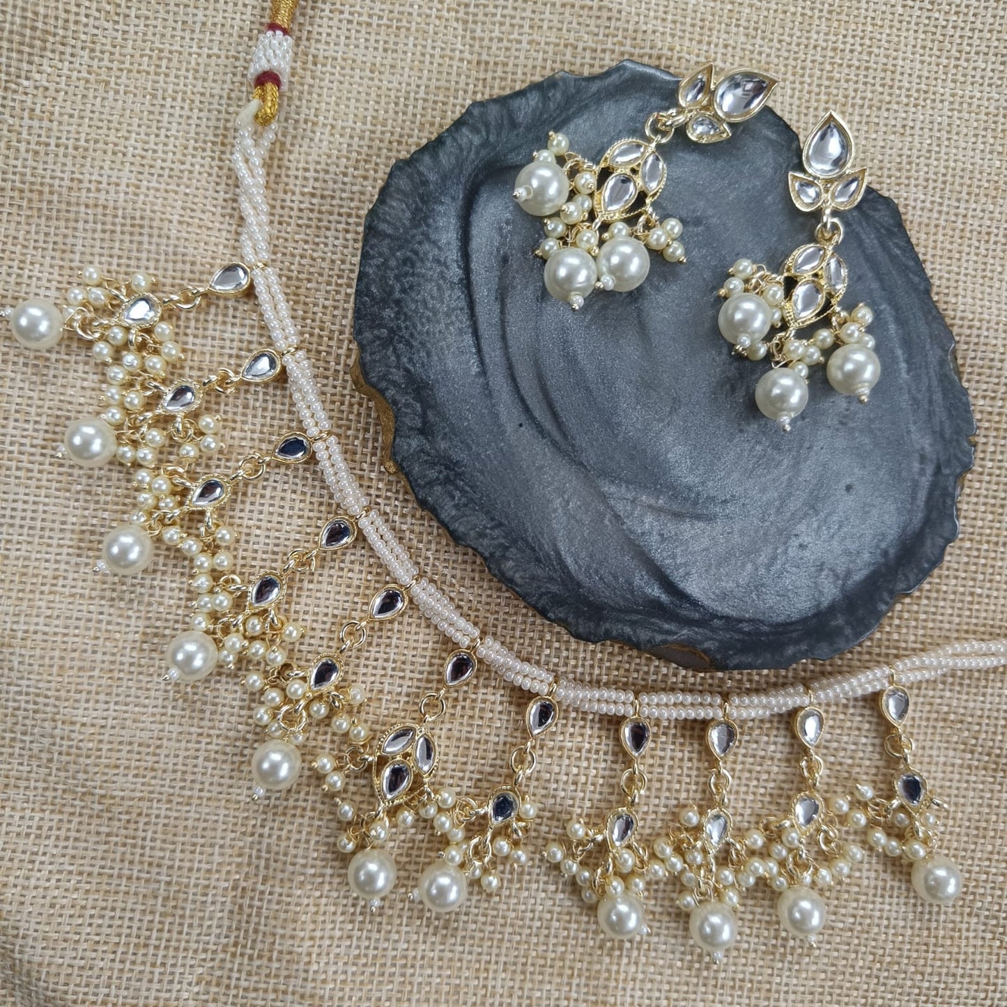 Bdiva 18K Gold Plated Kundan Semi Cultured White Pearl Choker.