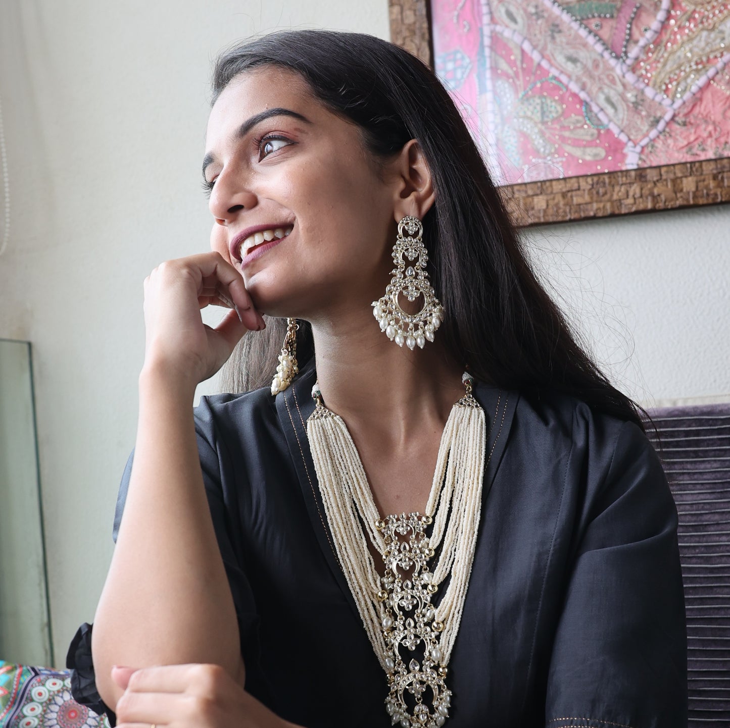 Bdiva 18K Gold Plated Kundan Semi Cultured White Pearl Choker with Maangtika.