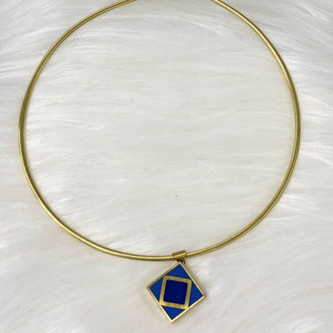 BDiva 18k Gold Plated Geometric Charm Blue Enamel Pendant Choker