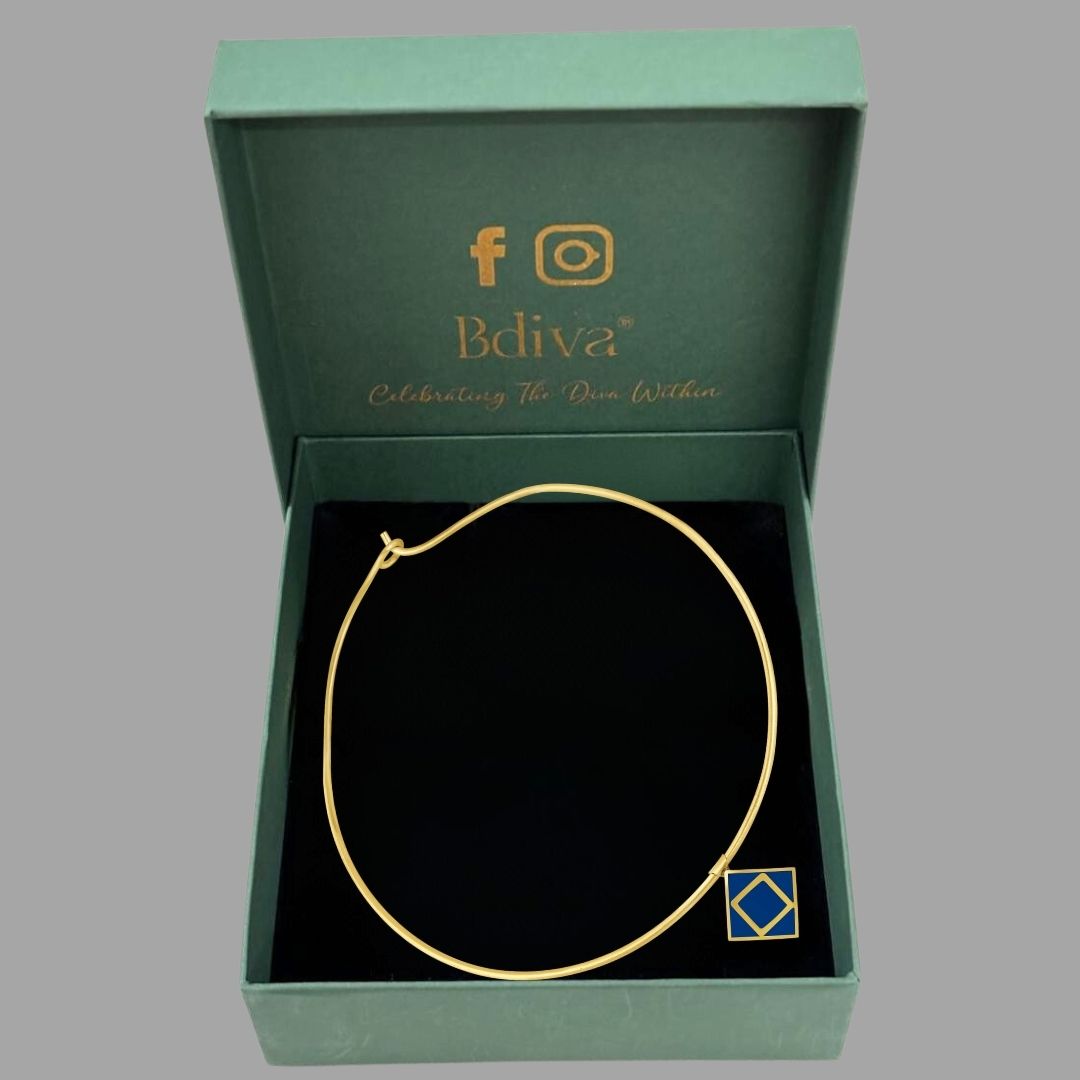 BDiva 18k Gold Plated Geometric Charm Blue Enamel Pendant Choker