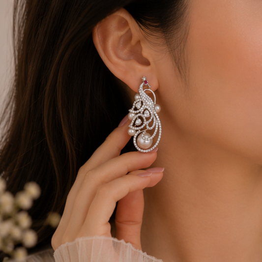 Rhodium Plated Cubic Zirconia Pearl Peacock Drop Earrings