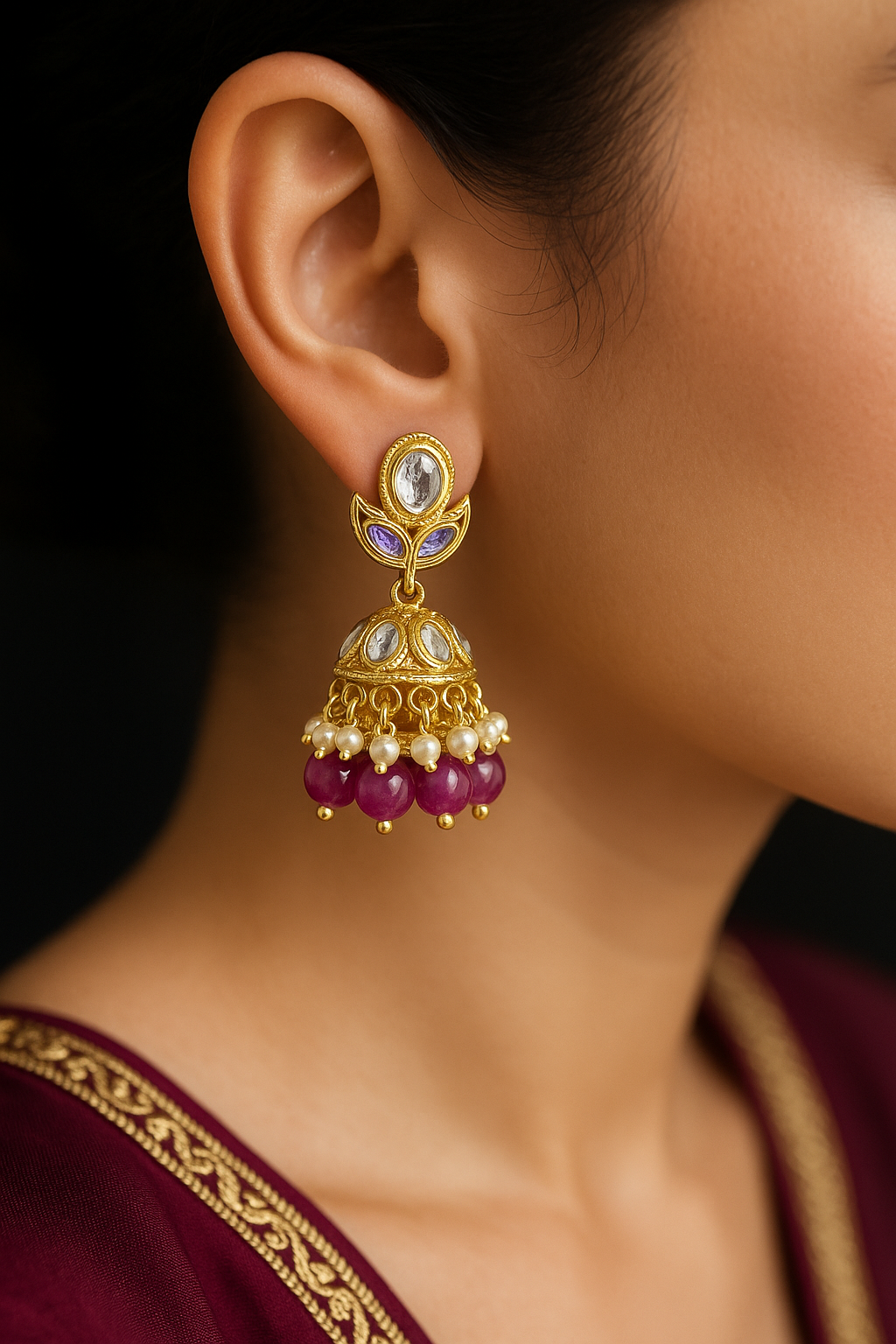 High Quality Gold Plated Dark Pink Kundan Jhumki Drop Earrings