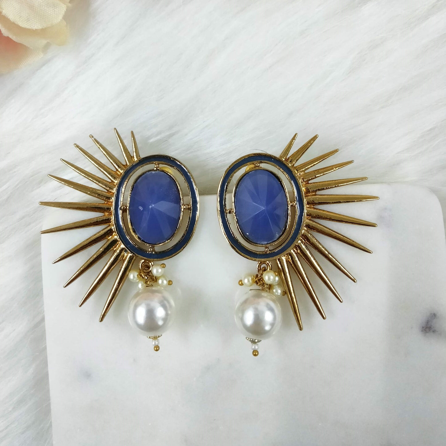Bdiva 18K Gold Plated Blue Sapphire Earrings With A Pearl Drop.