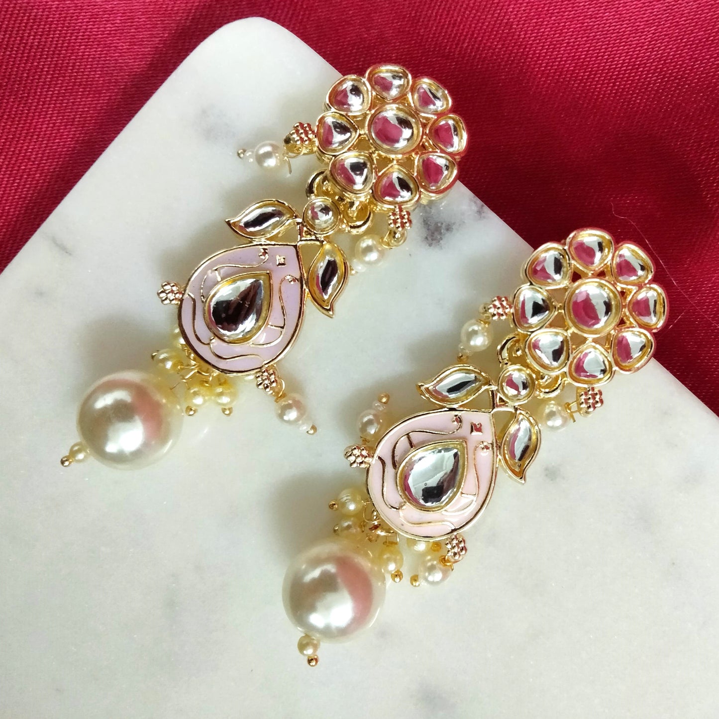 Bdiva 18K Gold Plated Pink Kundan Meenakari Drop Earrings with Semi Cultured Pearls.