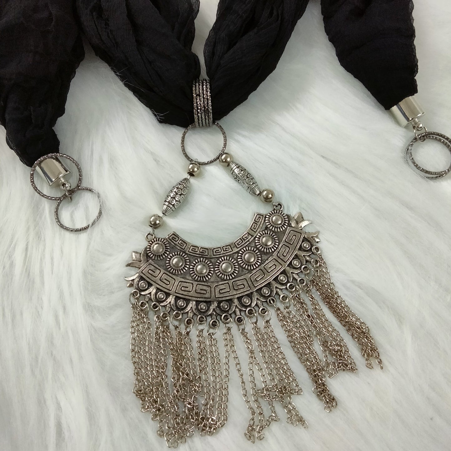 Bdiva Black Georgette Scarf With Indian Jewelry And Oxidised Motif