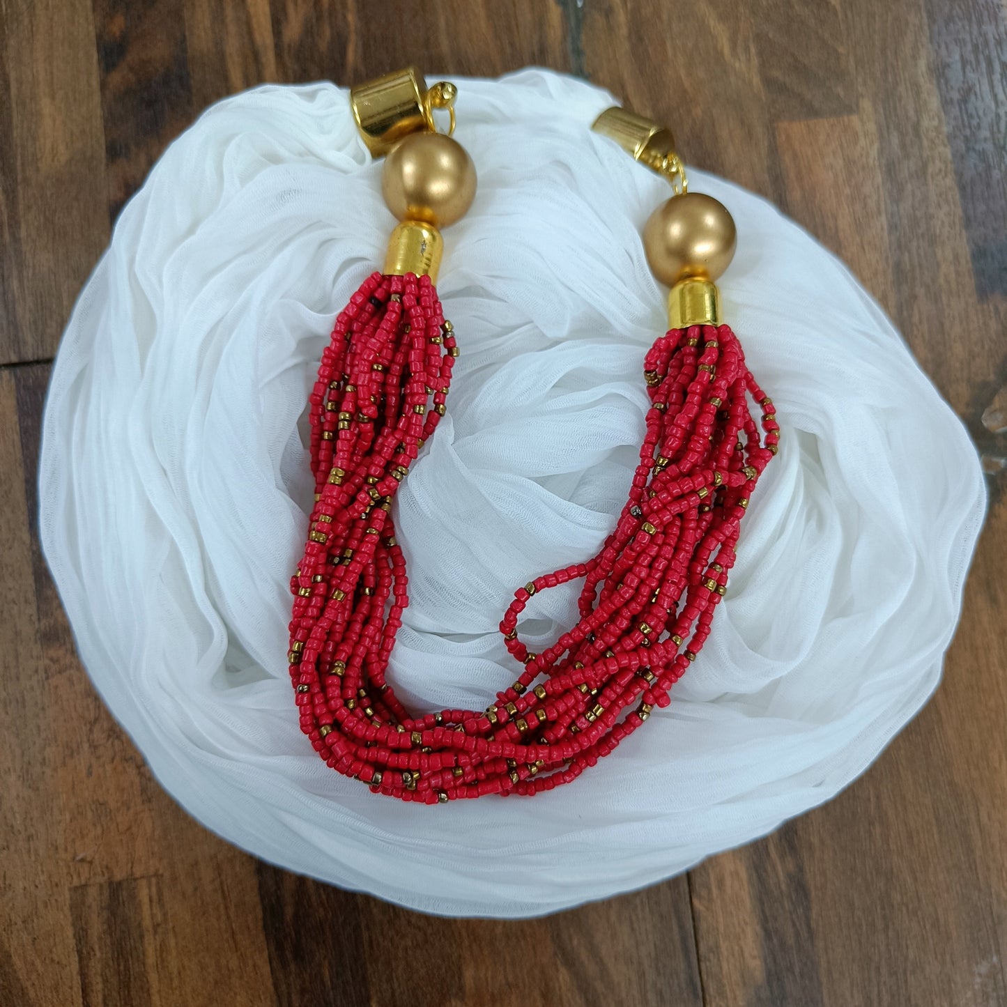 Bdiva Handmade White Scarf With Red Colored Seed Beads Necklace.