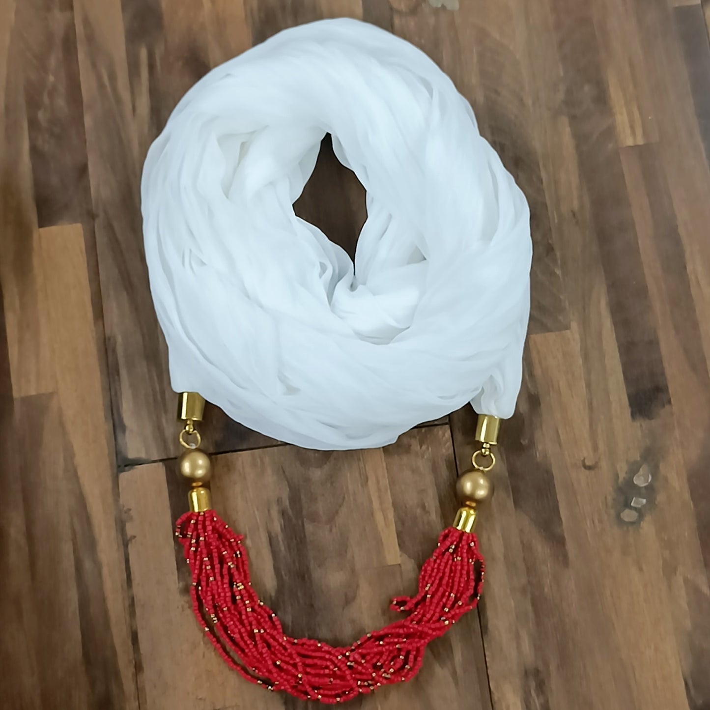 Bdiva Handmade White Scarf With Red Colored Seed Beads Necklace.