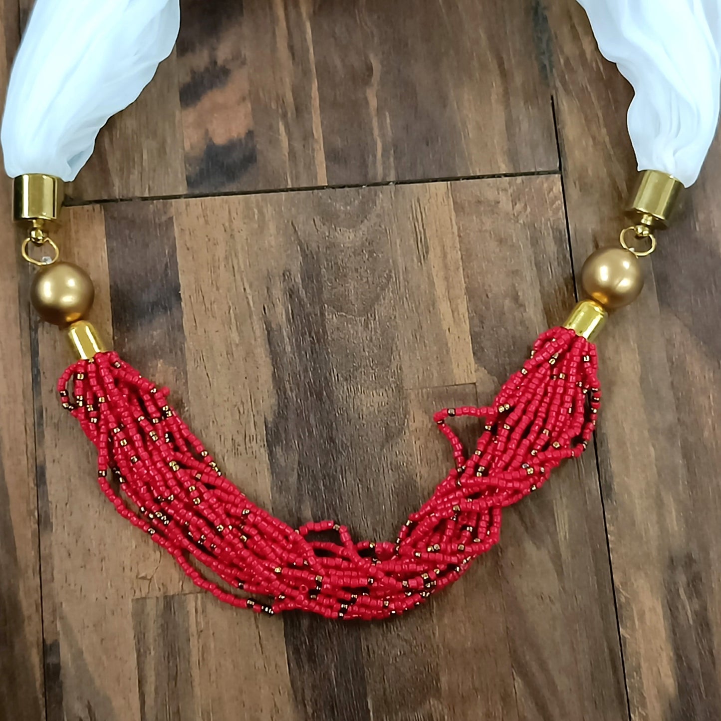 Bdiva Handmade White Scarf With Red Colored Seed Beads Necklace.