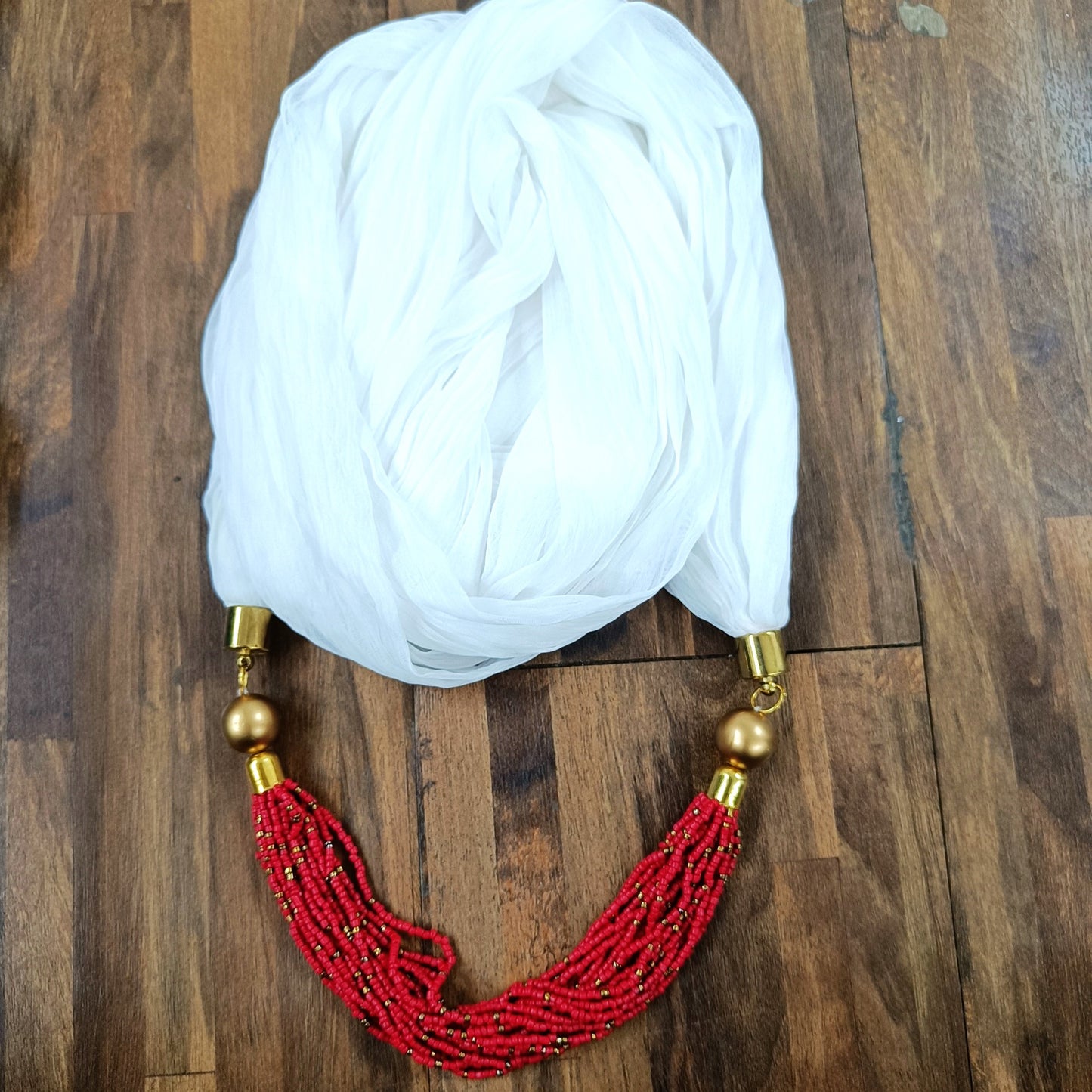 Bdiva Handmade White Scarf With Red Colored Seed Beads Necklace.