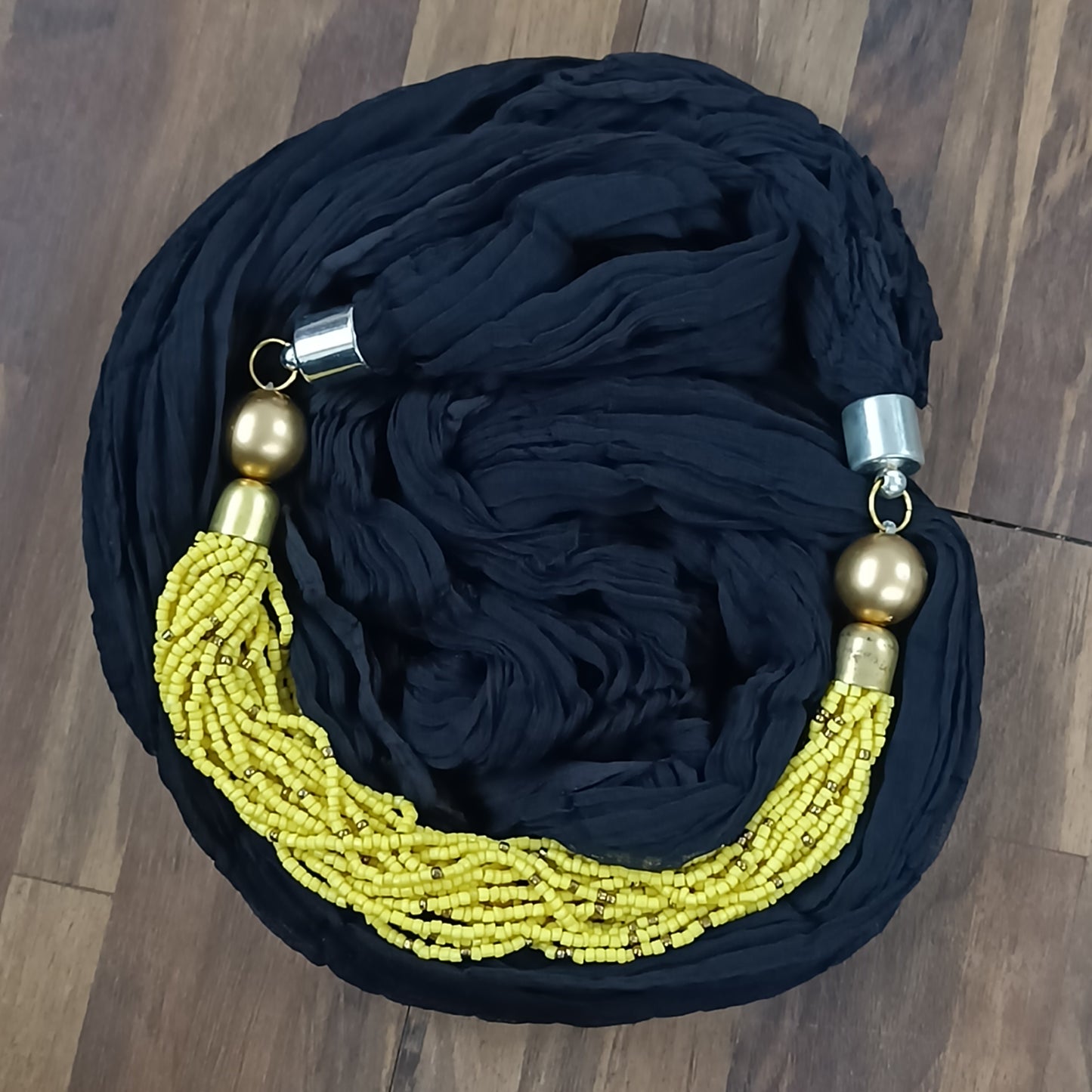 Bdiva Handmade Black Scarf With Yellow Colored Seed Beads Necklace.