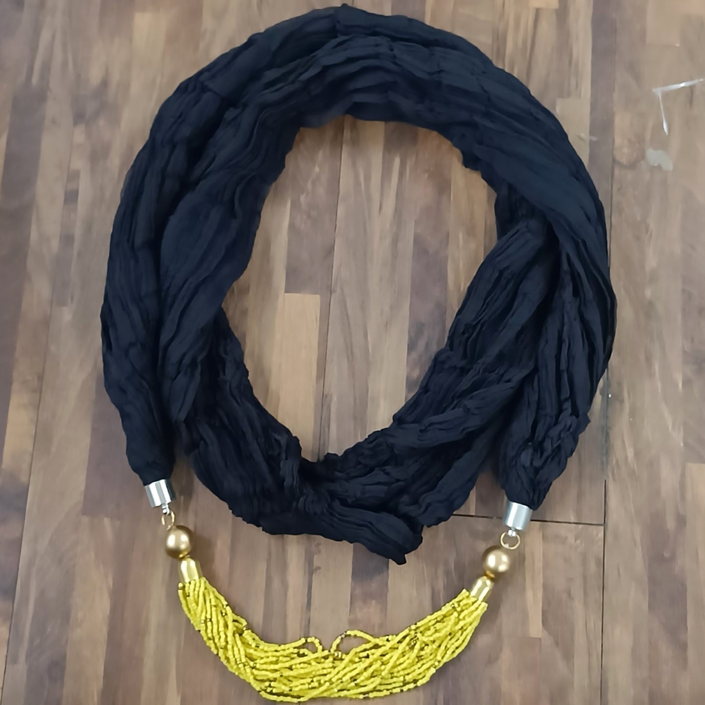 Bdiva Handmade Black Scarf With Yellow Colored Seed Beads Necklace.