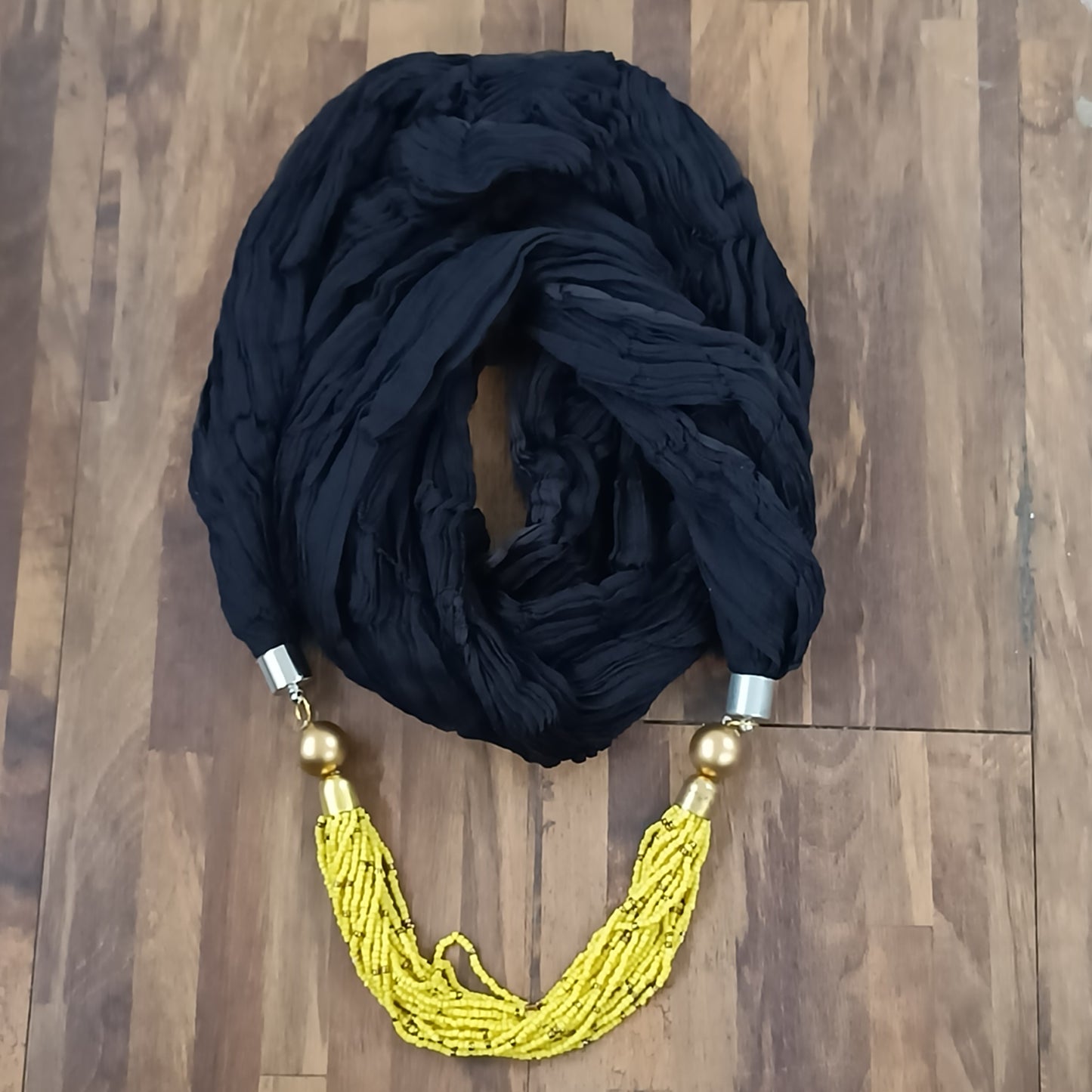 Bdiva Handmade Black Scarf With Yellow Colored Seed Beads Necklace.