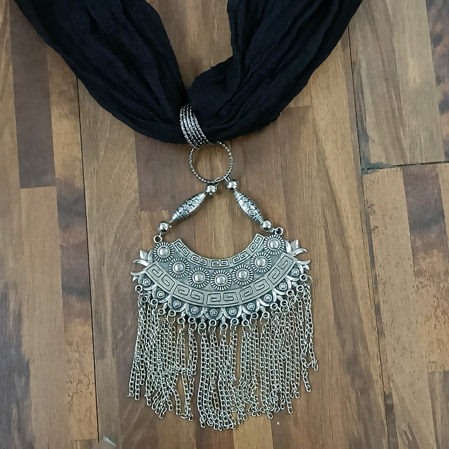 Bdiva Black Georgette Scarf With Indian Jewelry And Oxidised Motif