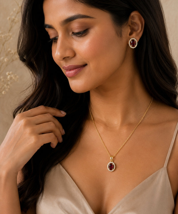 Gold Plated Red Cubic Zirconia Solitaire Halo Pendant & Earrings Set