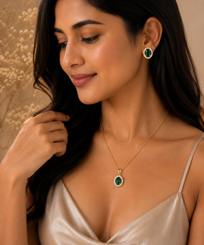 Gold Plated Green Cubic Zirconia Solitaire Halo Pendant & Earrings Set