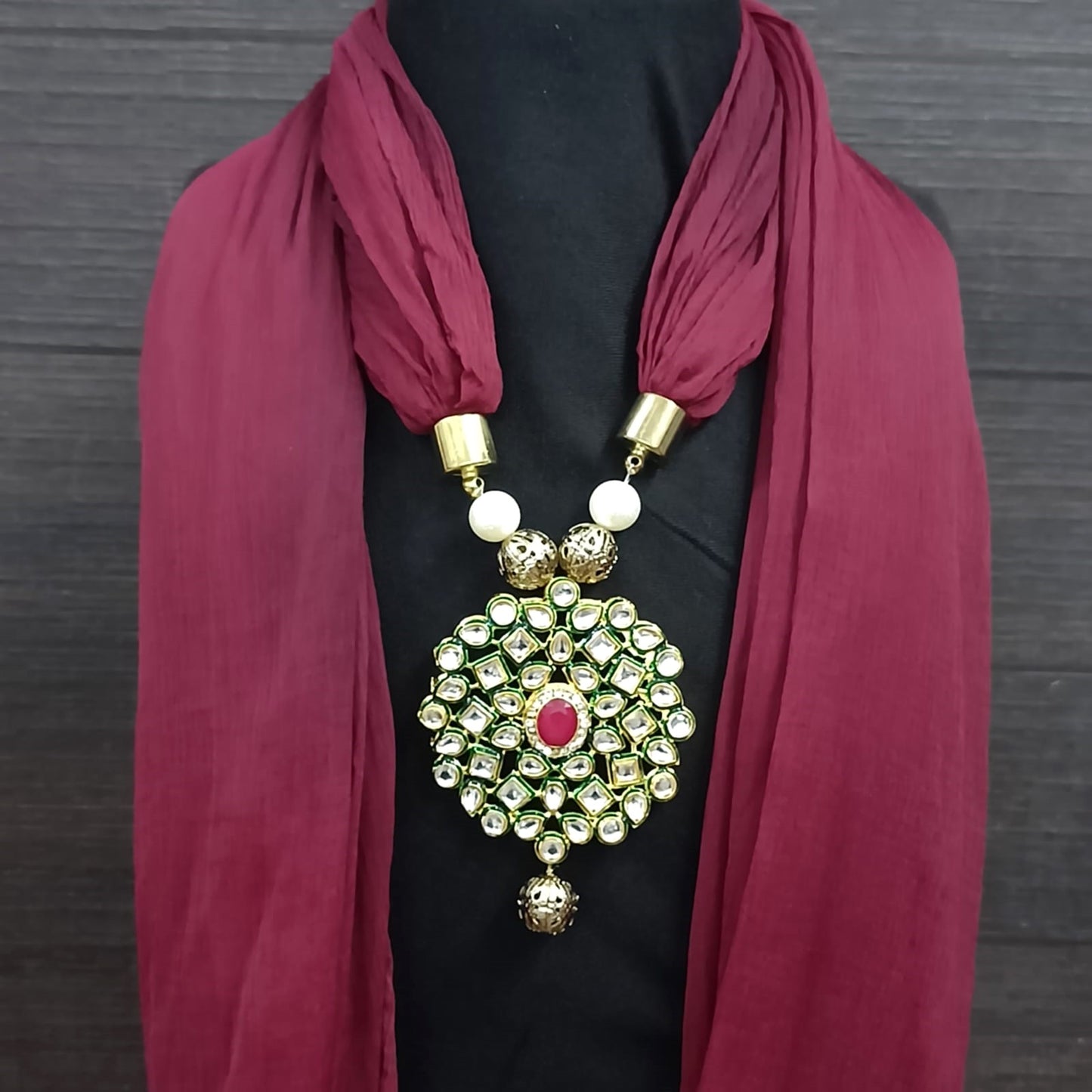 Bdiva Maroon Georgette Scarf With Kundan Motif.
