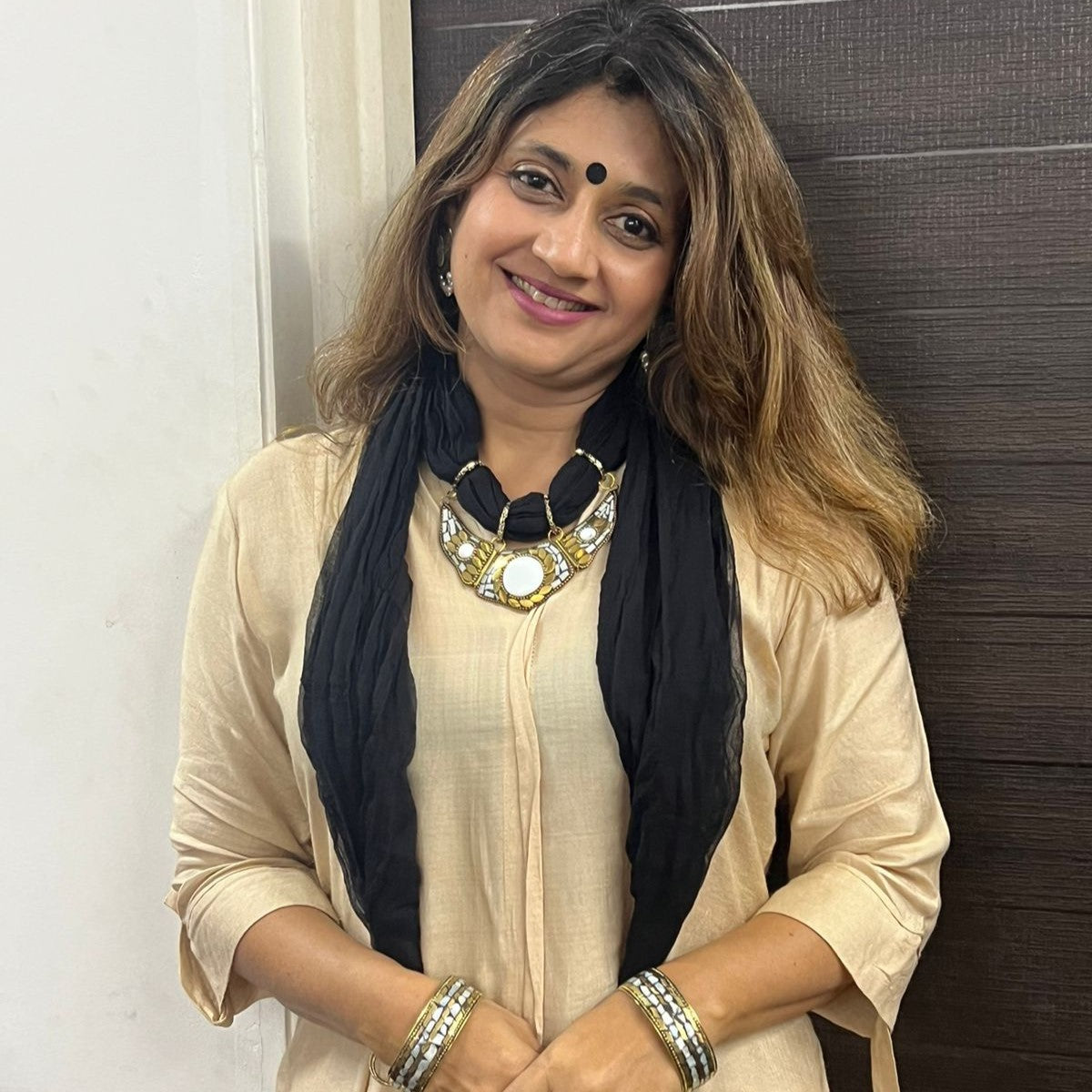 Bdiva Black Georgette Scarf With Indian Jewelry And Oxidised Motif