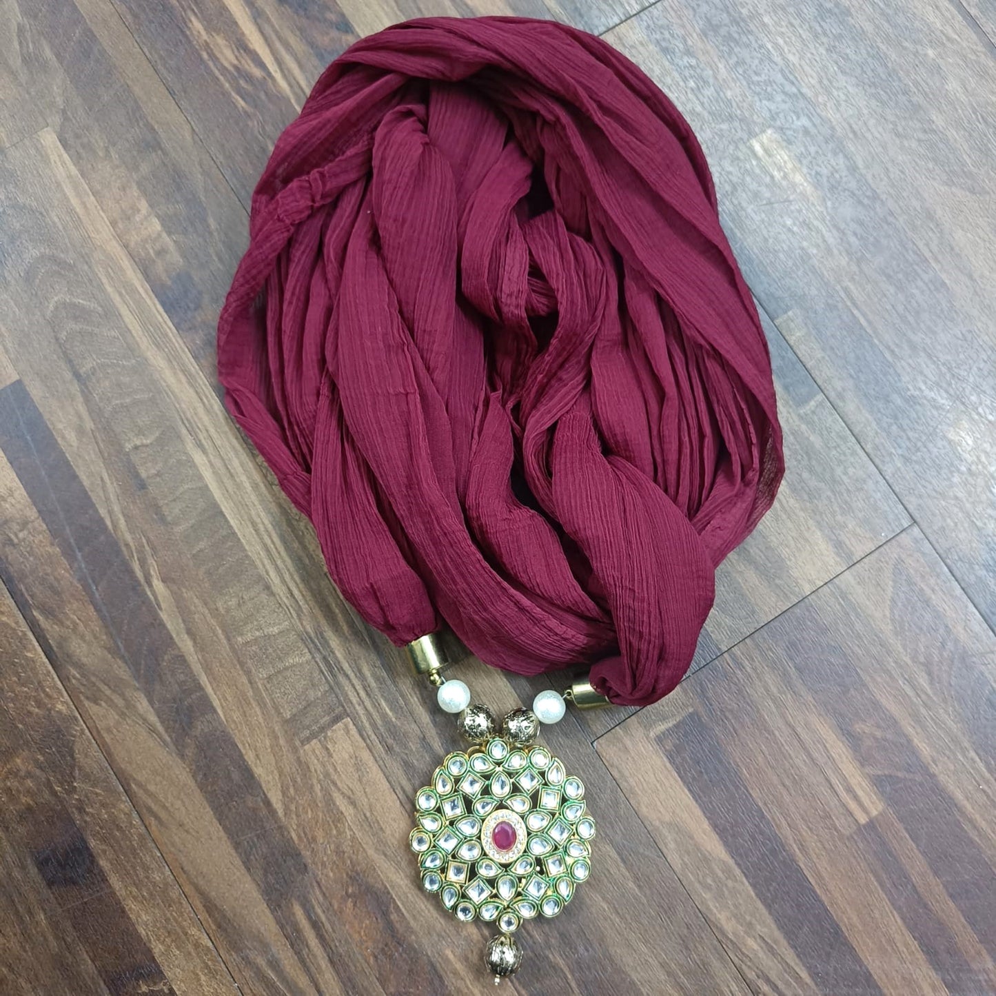 Bdiva Maroon Georgette Scarf With Kundan Motif.