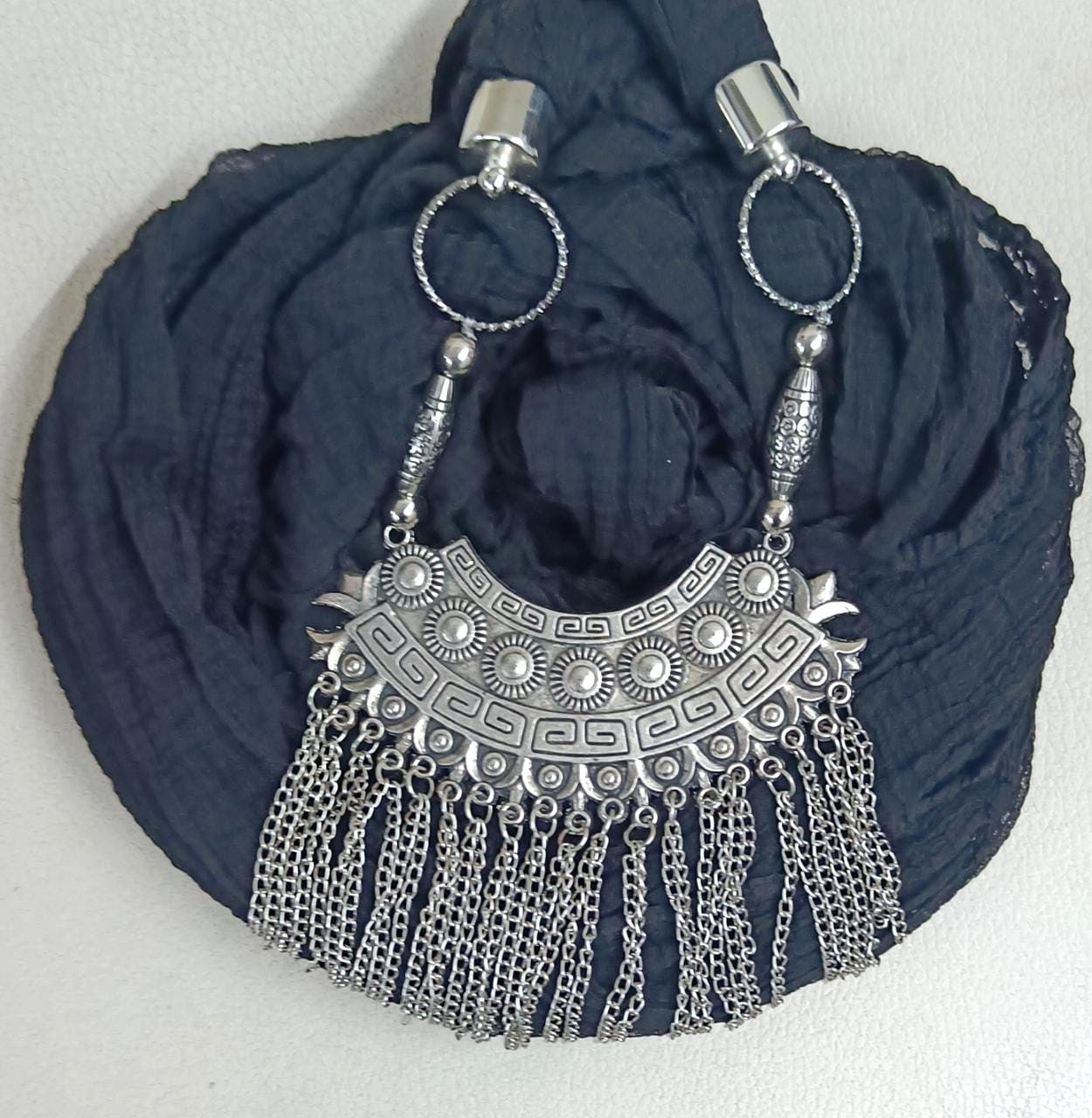 Bdiva Black Georgette Scarf With Indian Jewelry And Oxidised Motif