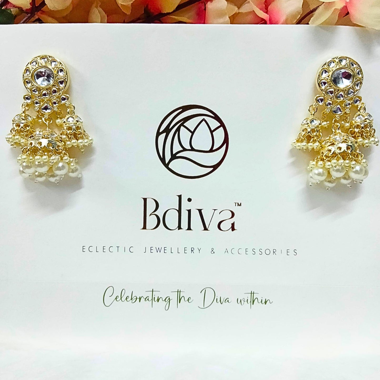 Bdiva 18K Gold Plated Kundan Earrings with Semi Cultured Pearls.
