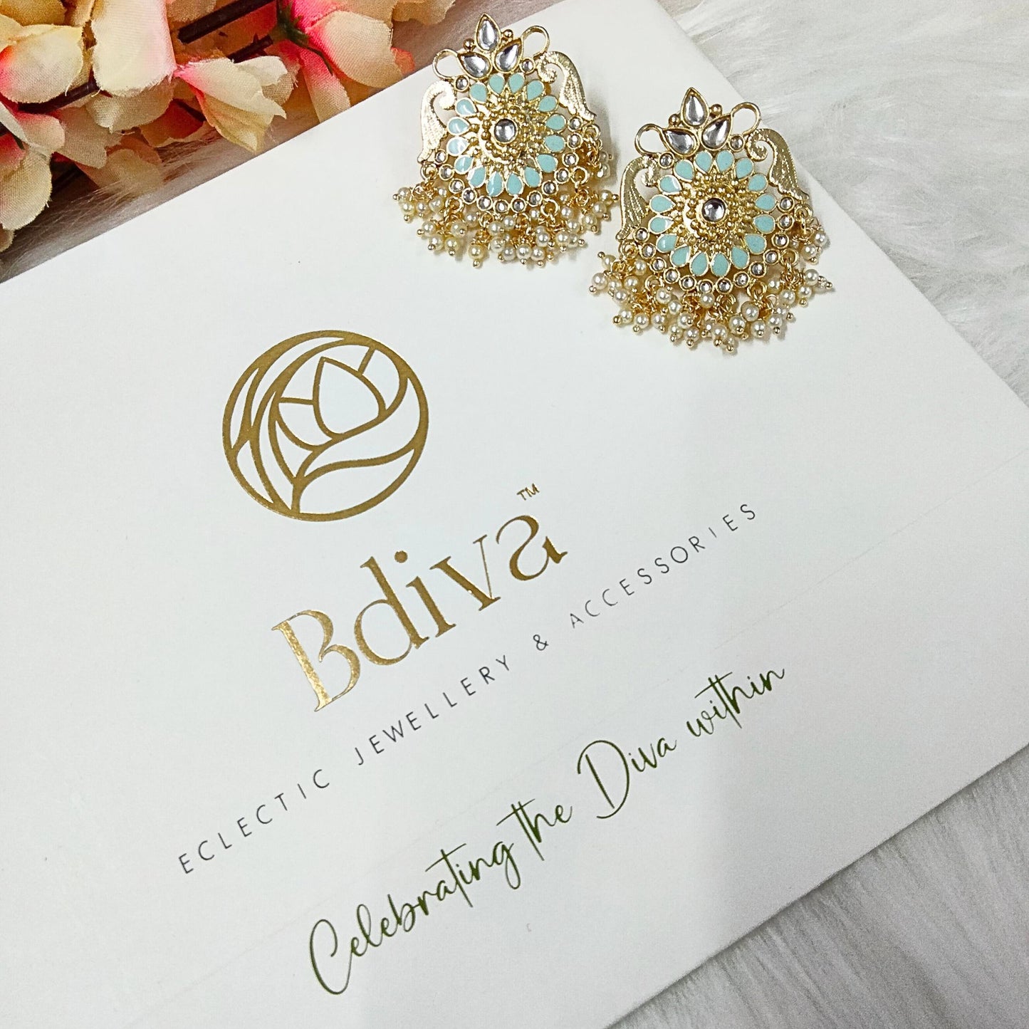 Bdiva 18K Gold Plated Turquoise Kundan Meenakari Earrings with Semi Cultured Pearls.