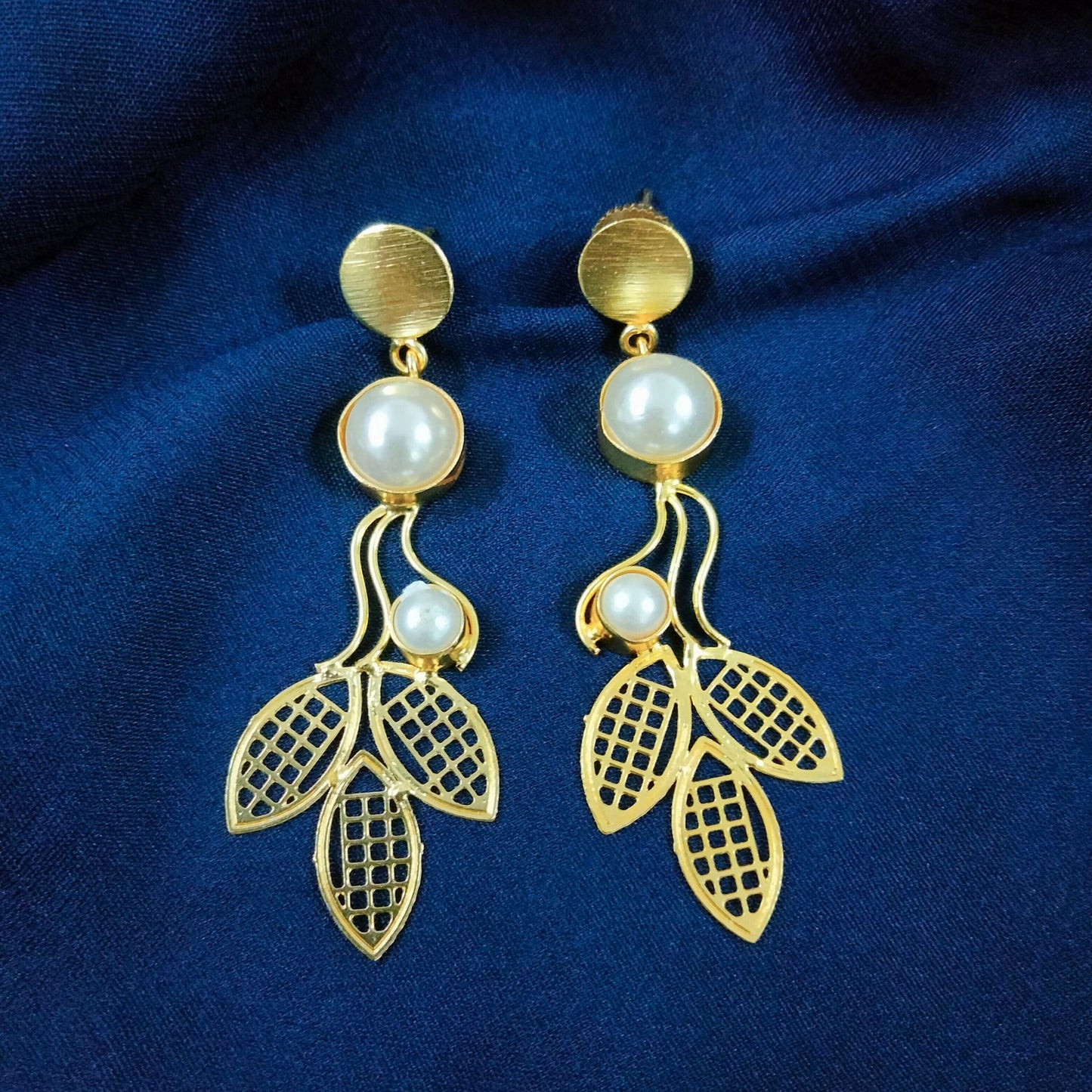 Bdiva 18K Gold Plated Light Weight Leaf Pearl Danglers.