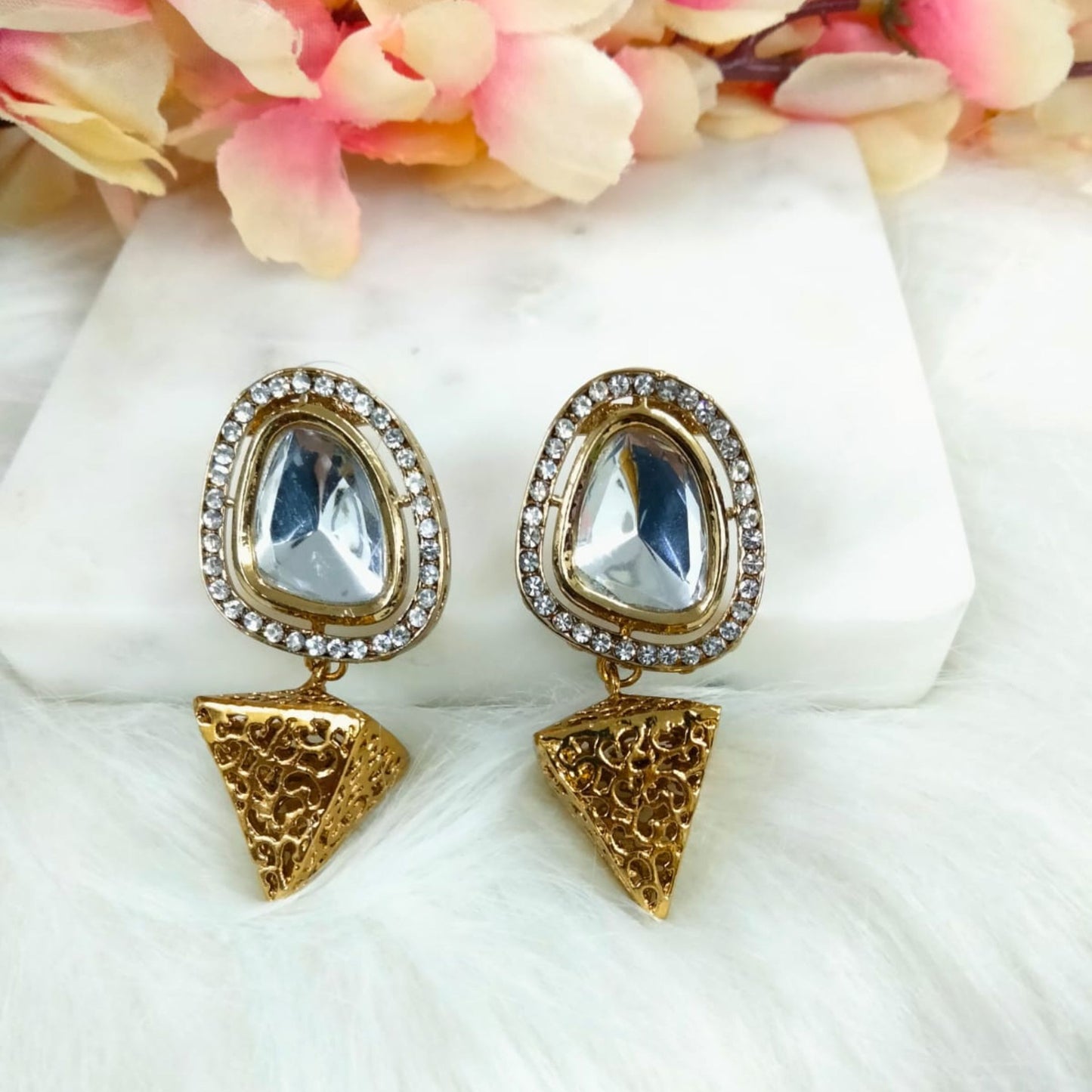 Bdiva 18K Gold Plated Cone Dangler Kundan Earrings with Western Flair.