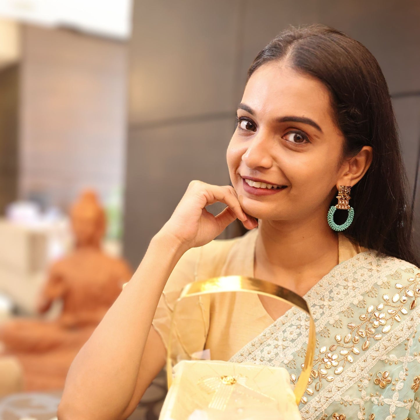 Bdiva 18K Gold Plated Kundan Turquoise Beads Earrings.