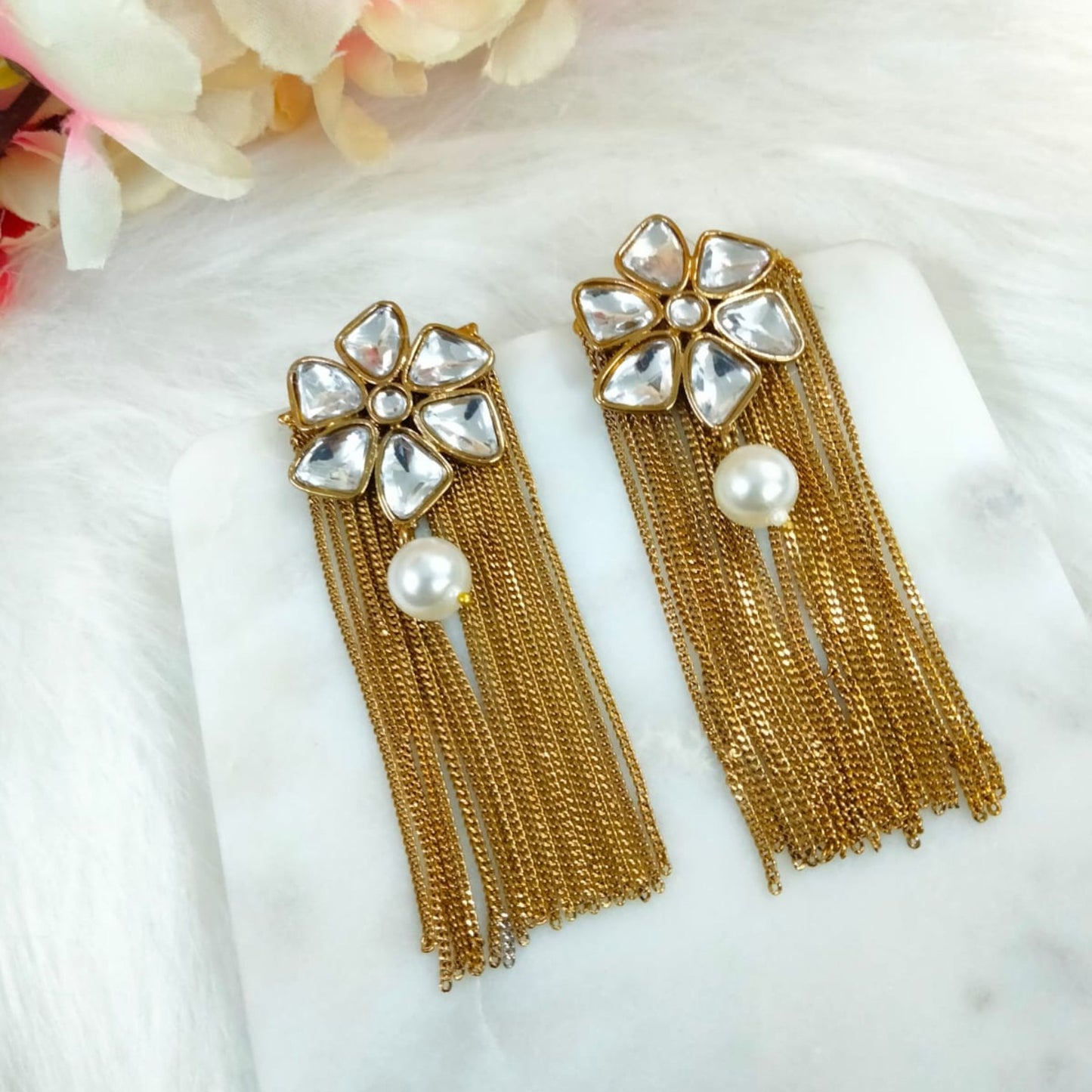 Bdiva 18K Gold Plated Floral Kundan Drop Pearl Earrings with Western Flair.