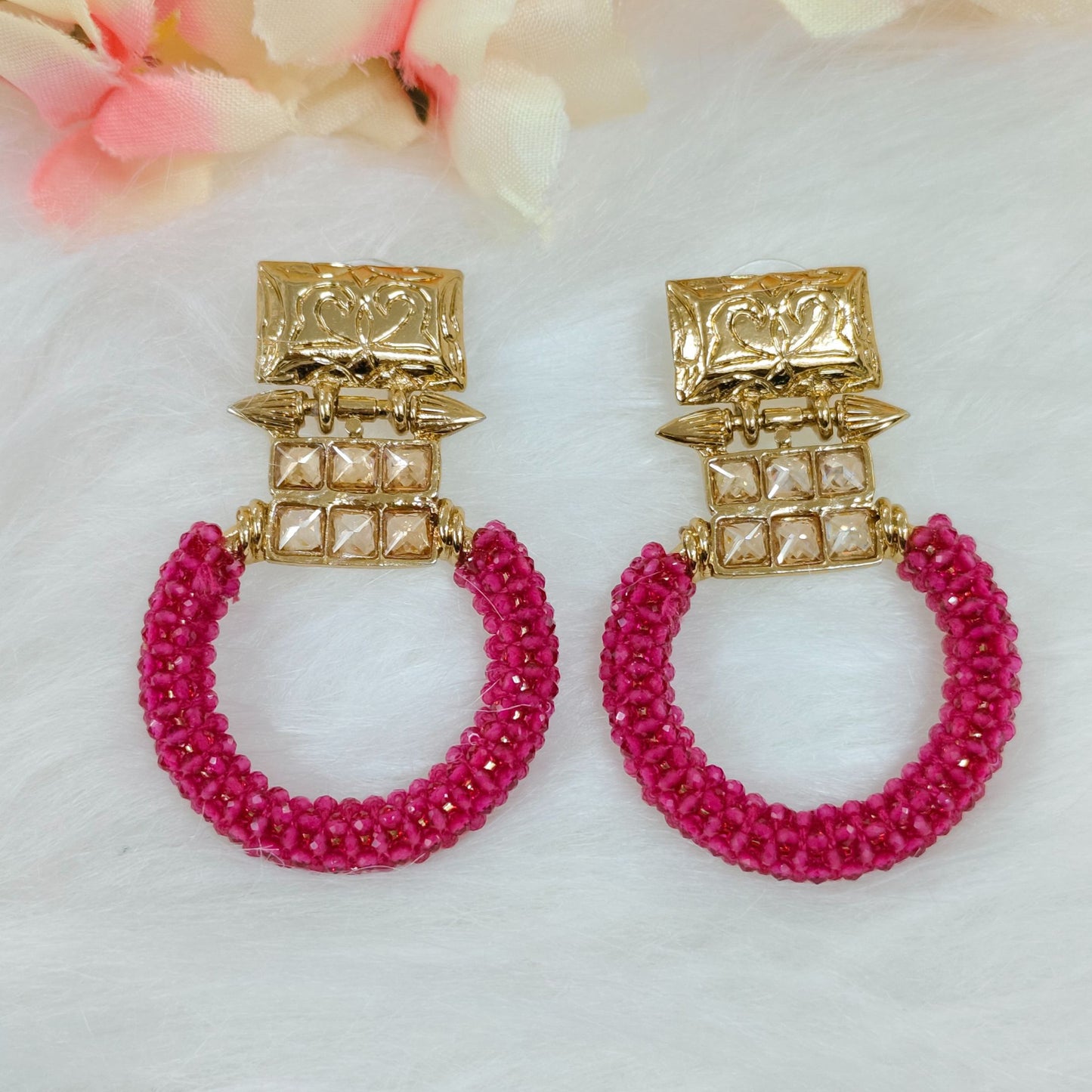 Bdiva 18K Gold Plated Kundan Pink Beads Earrings.