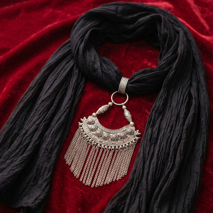 Black Georgette Scarf With Oxidized Motif