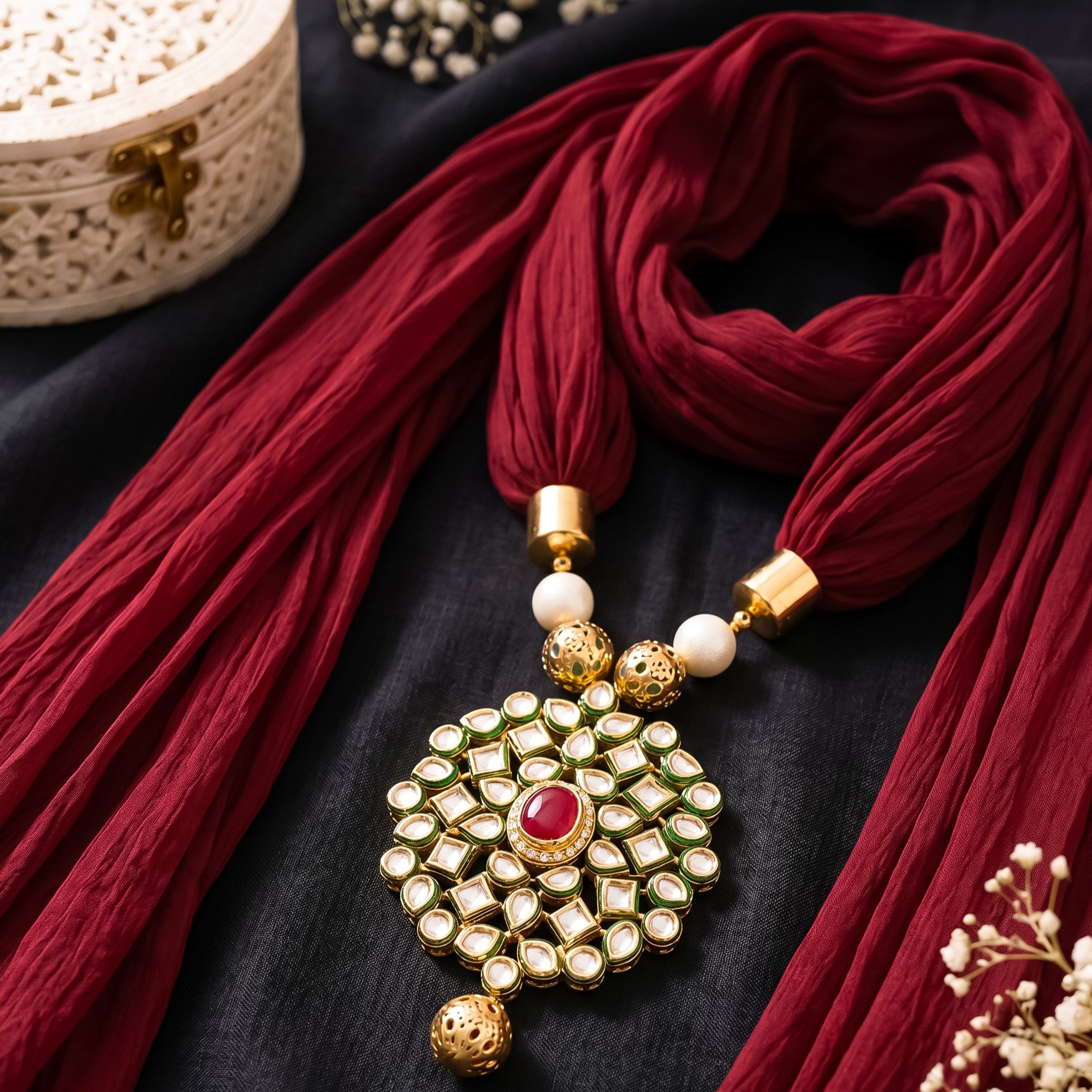 Maroon Georgette Scarf With Kundan Motif