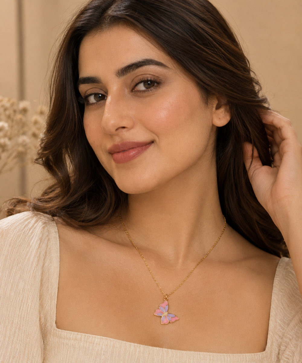 Gold Plated Butterfly Style Enamel Pendant Necklace