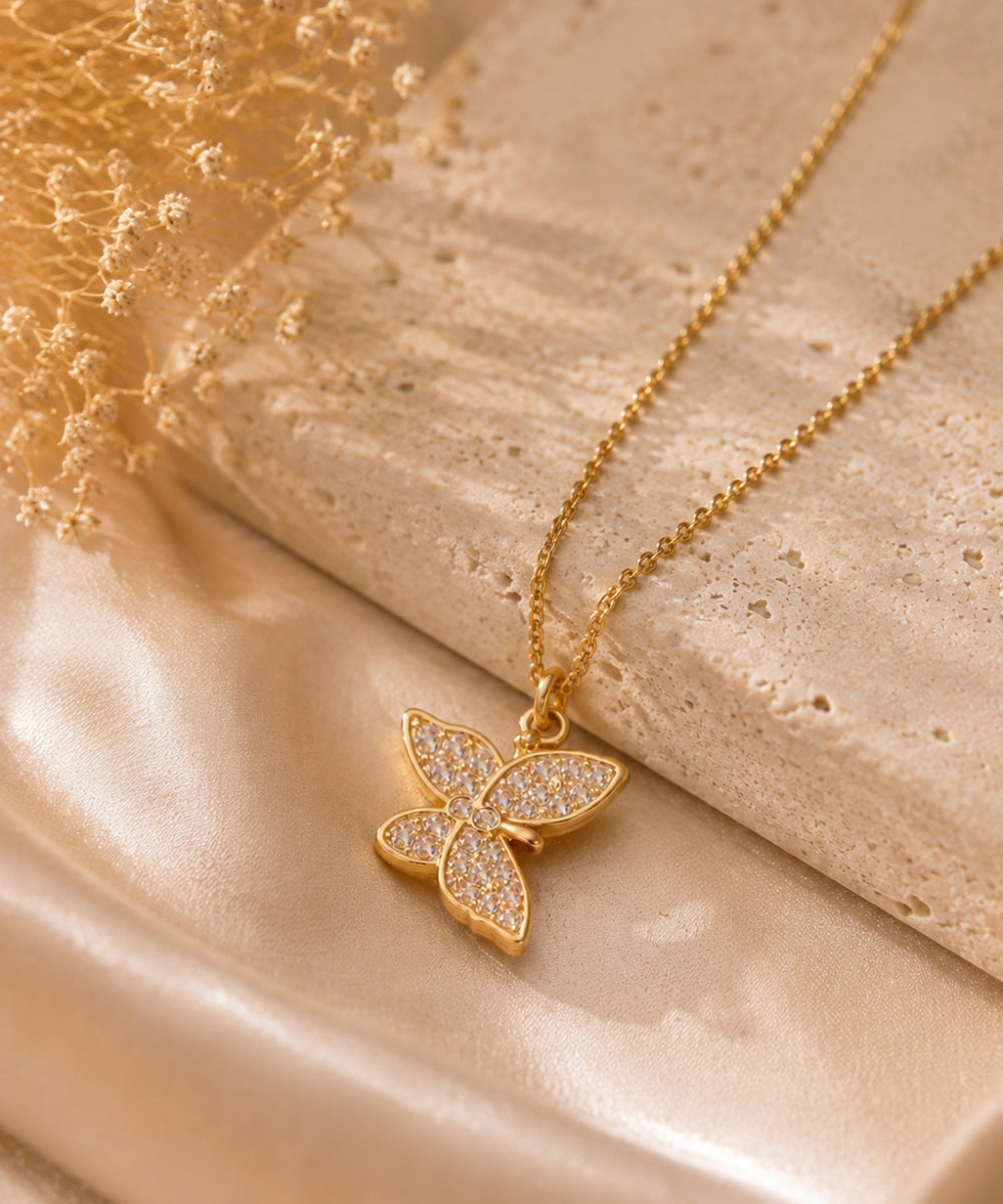 Gold Plated Butterfly Style Cubic Zirconia Pendant Necklace