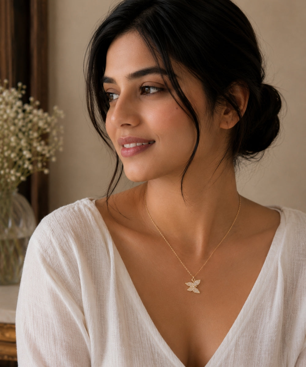 Gold Plated Butterfly Style Cubic Zirconia Pendant Necklace