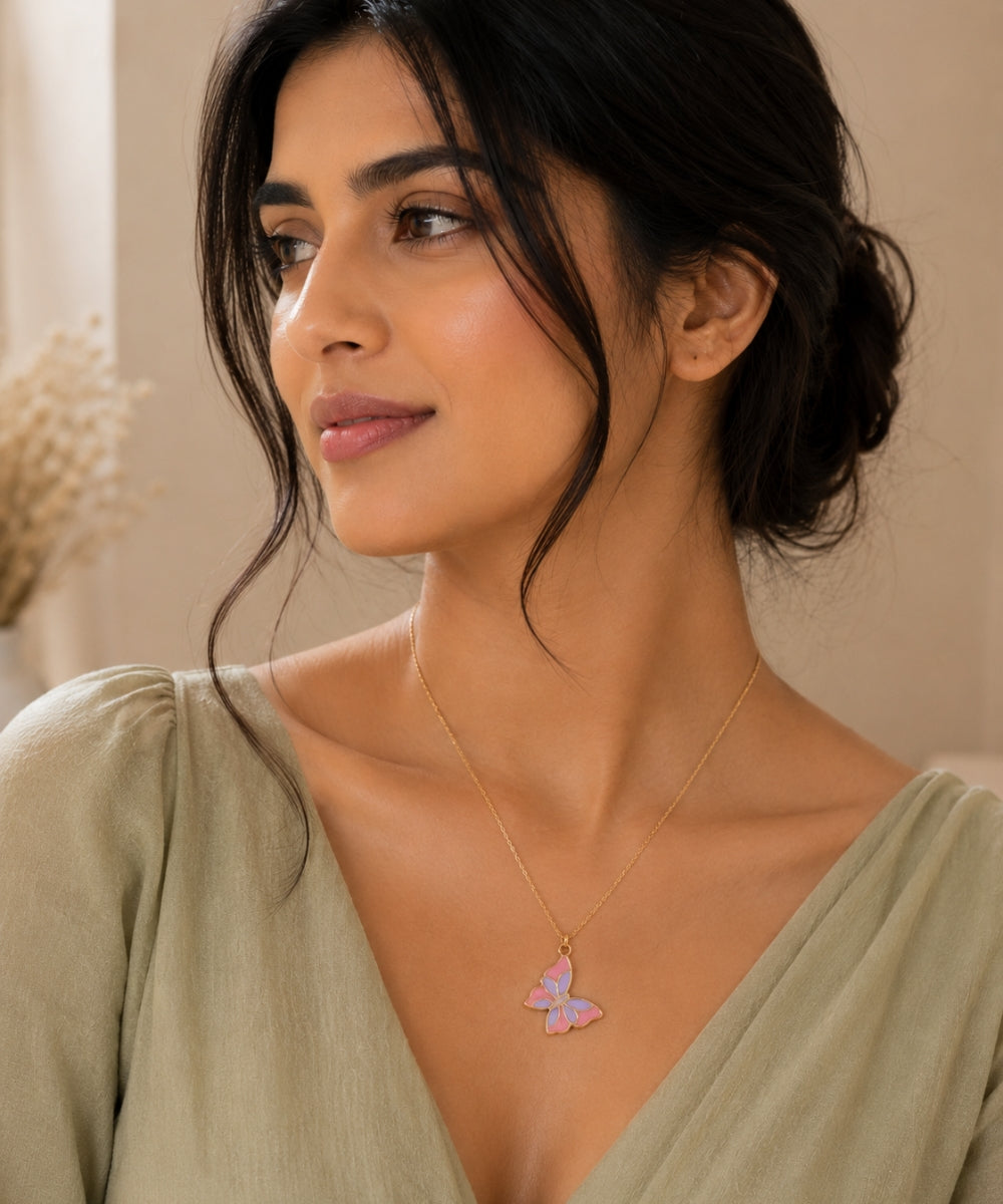 Gold Plated Butterfly Style Enamel Pendant Necklace