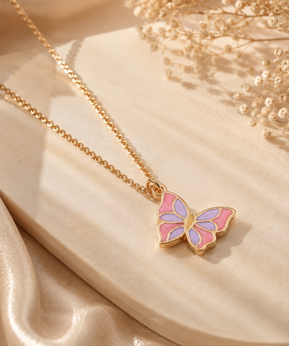 Gold Plated Butterfly Style Enamel Pendant Necklace