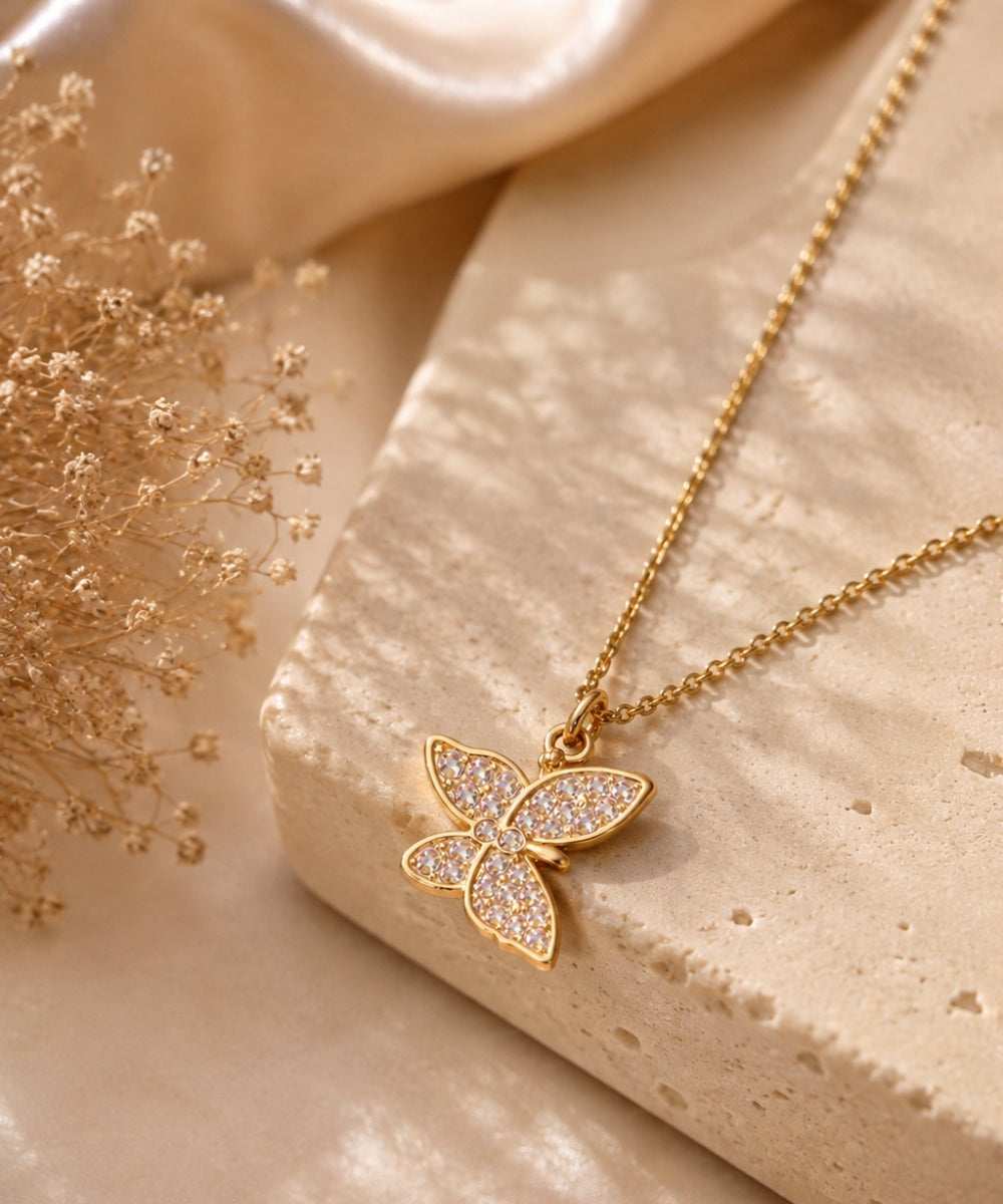 Gold Plated Butterfly Style Cubic Zirconia Pendant Necklace