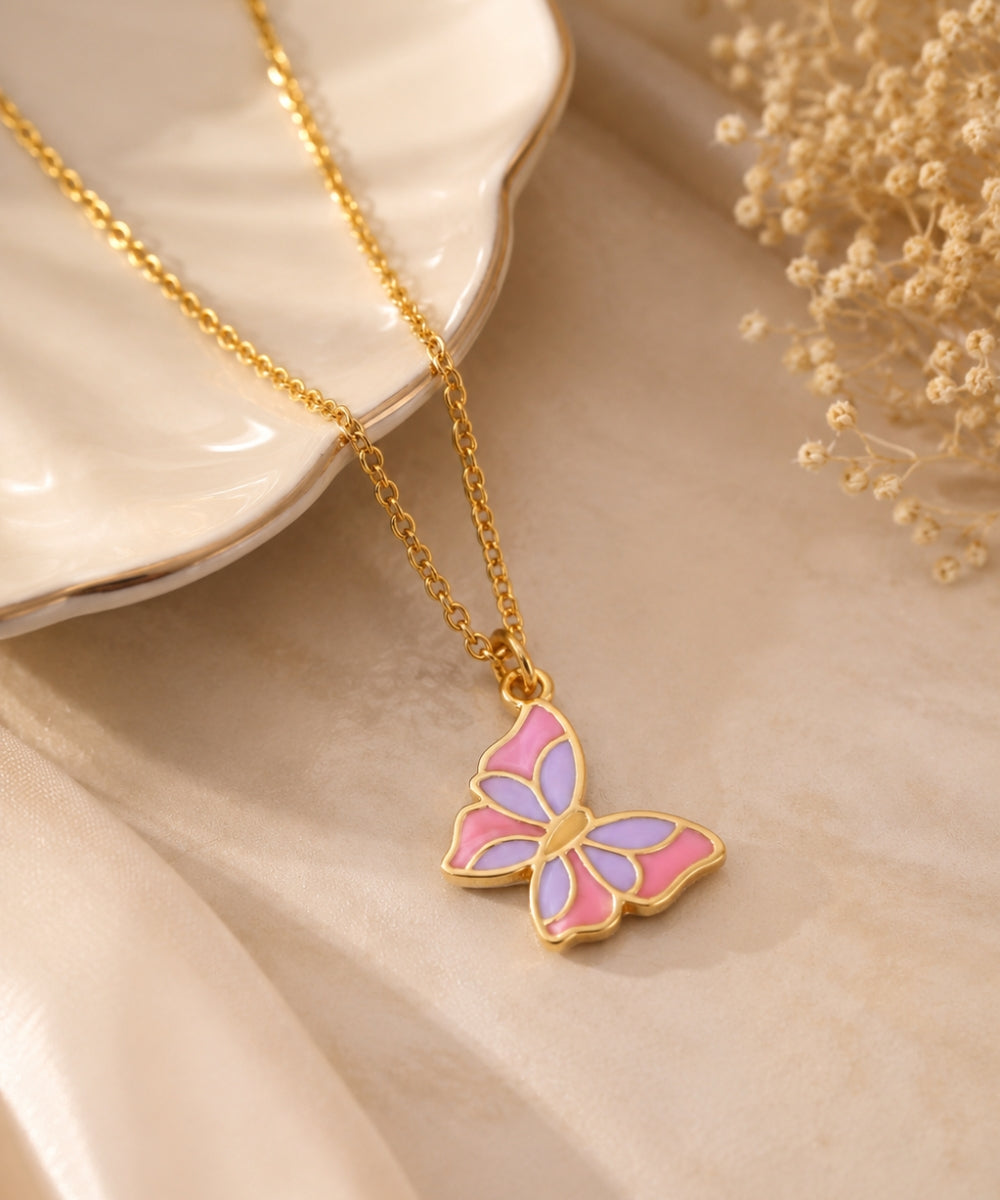 Gold Plated Butterfly Style Enamel Pendant Necklace