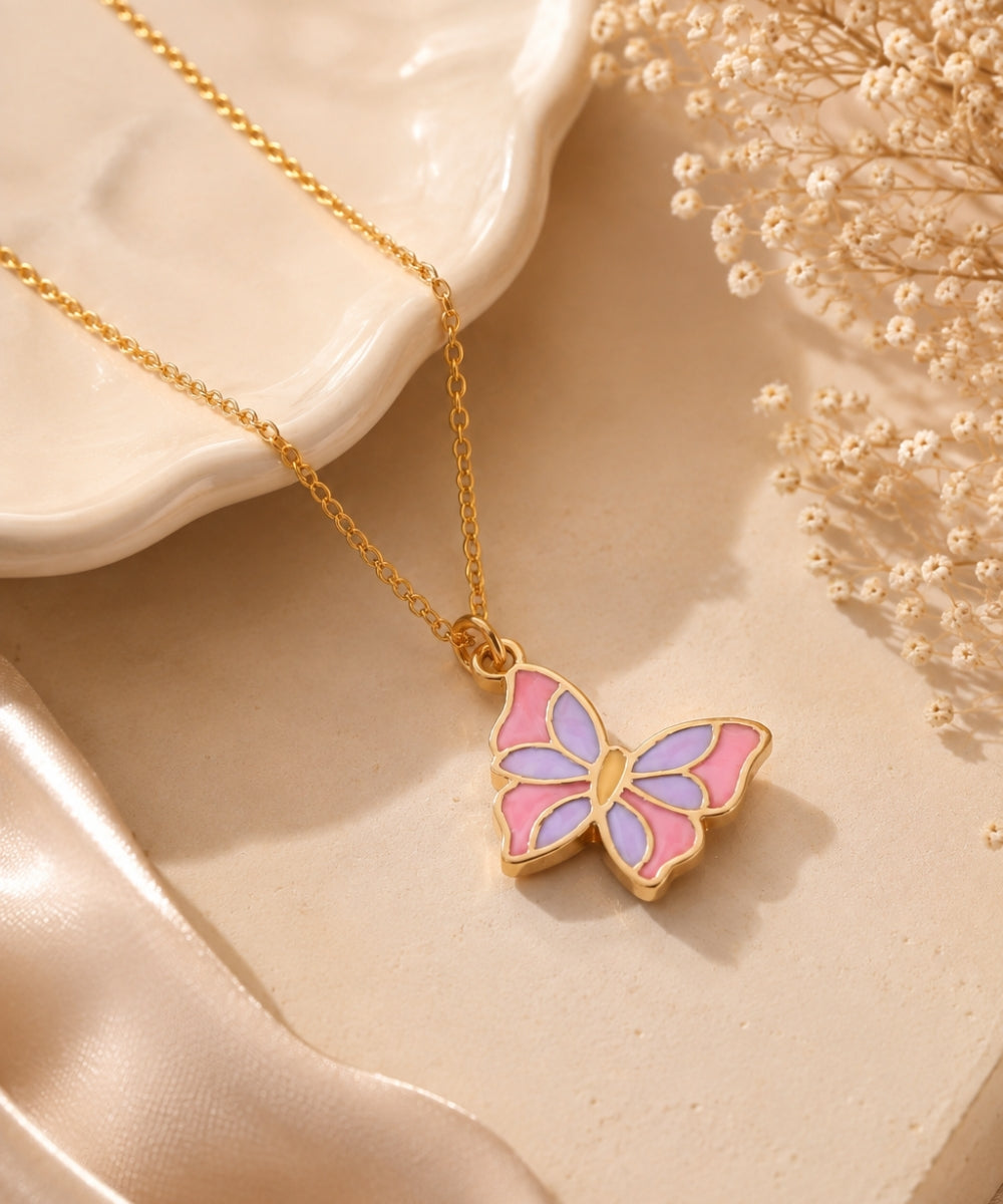 Gold Plated Butterfly Style Enamel Pendant Necklace