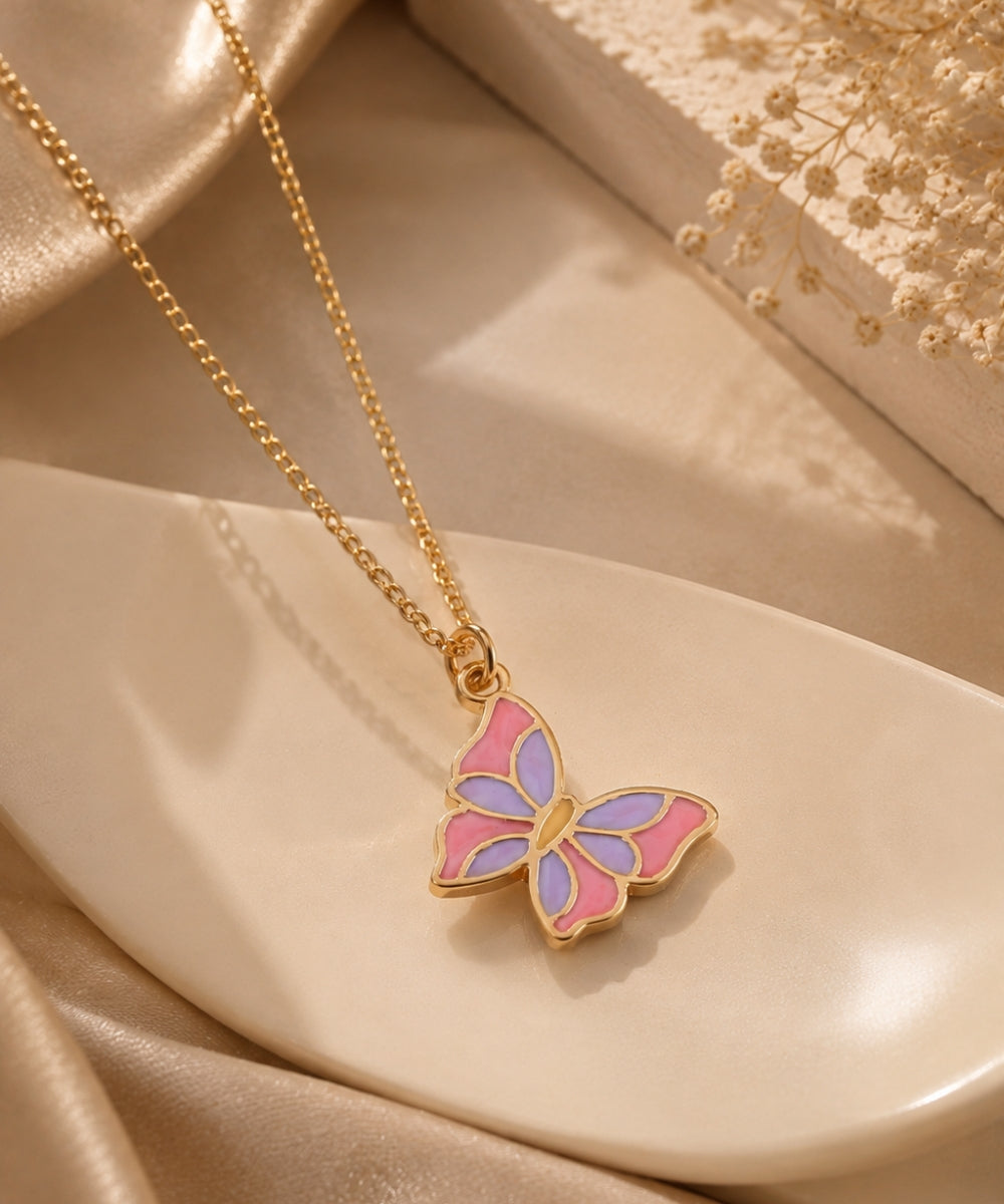 Gold Plated Butterfly Style Enamel Pendant Necklace