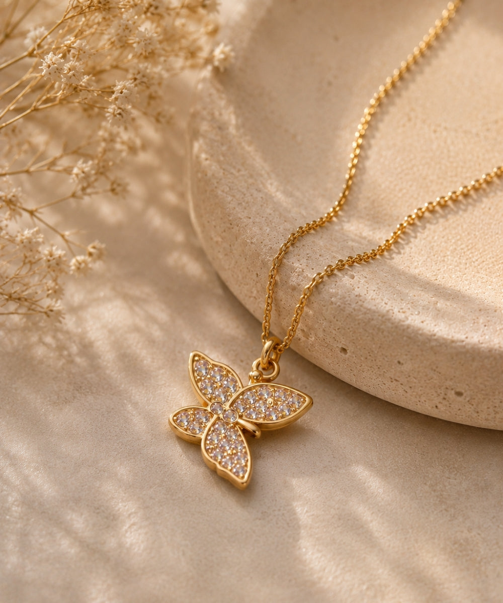 Gold Plated Butterfly Style Cubic Zirconia Pendant Necklace
