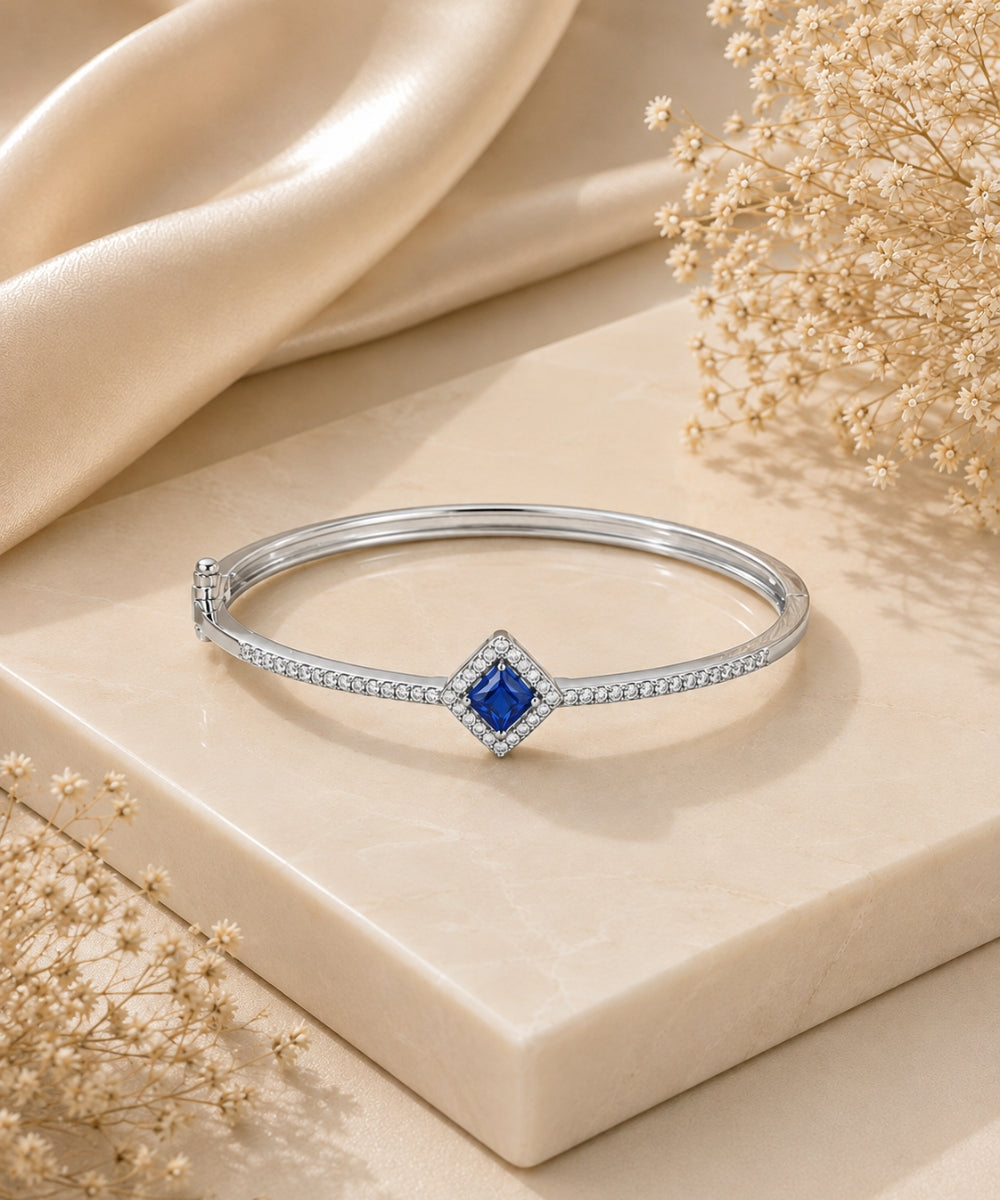 Rhodium Plated Blue Cubic Zirconia Halo Style Bracelet