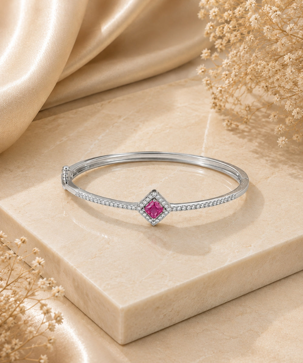 Rhodium Plated Pink Cubic Zirconia Halo Style Bracelet
